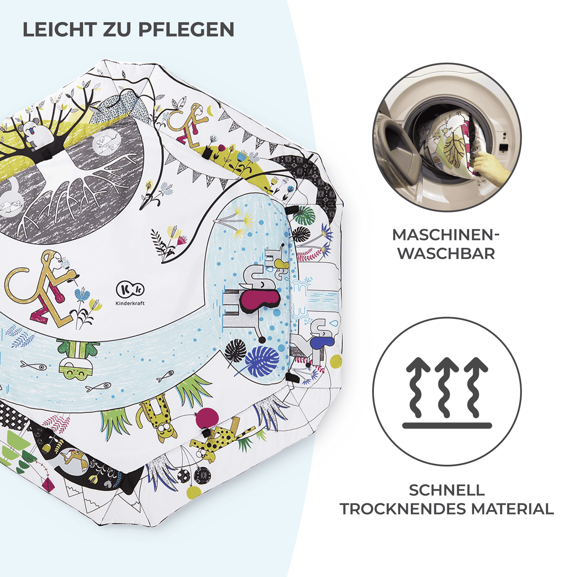 Spielmatte mit Tiermotiven, waschmaschinenfest und schnelltrocknend.