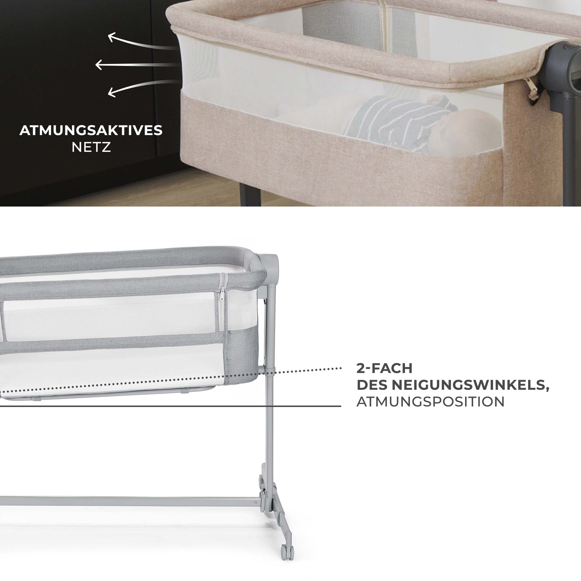 Atmungsaktives Netz und verstellbarer Neigungswinkel am Babybett.
