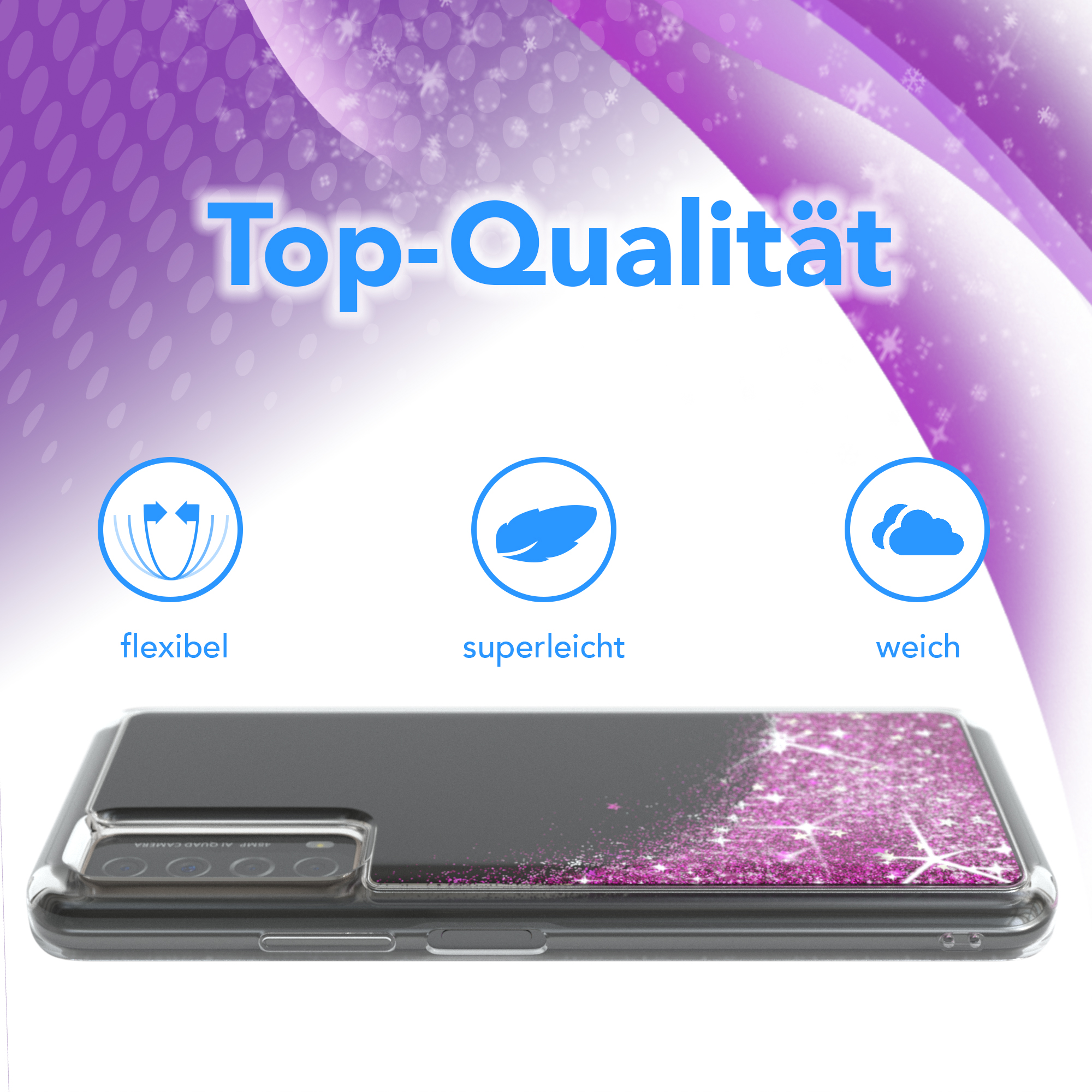Ein Smartphone mit glitzernder Rückseite in einer transparenten Hülle. "Top-Qualität" oben.