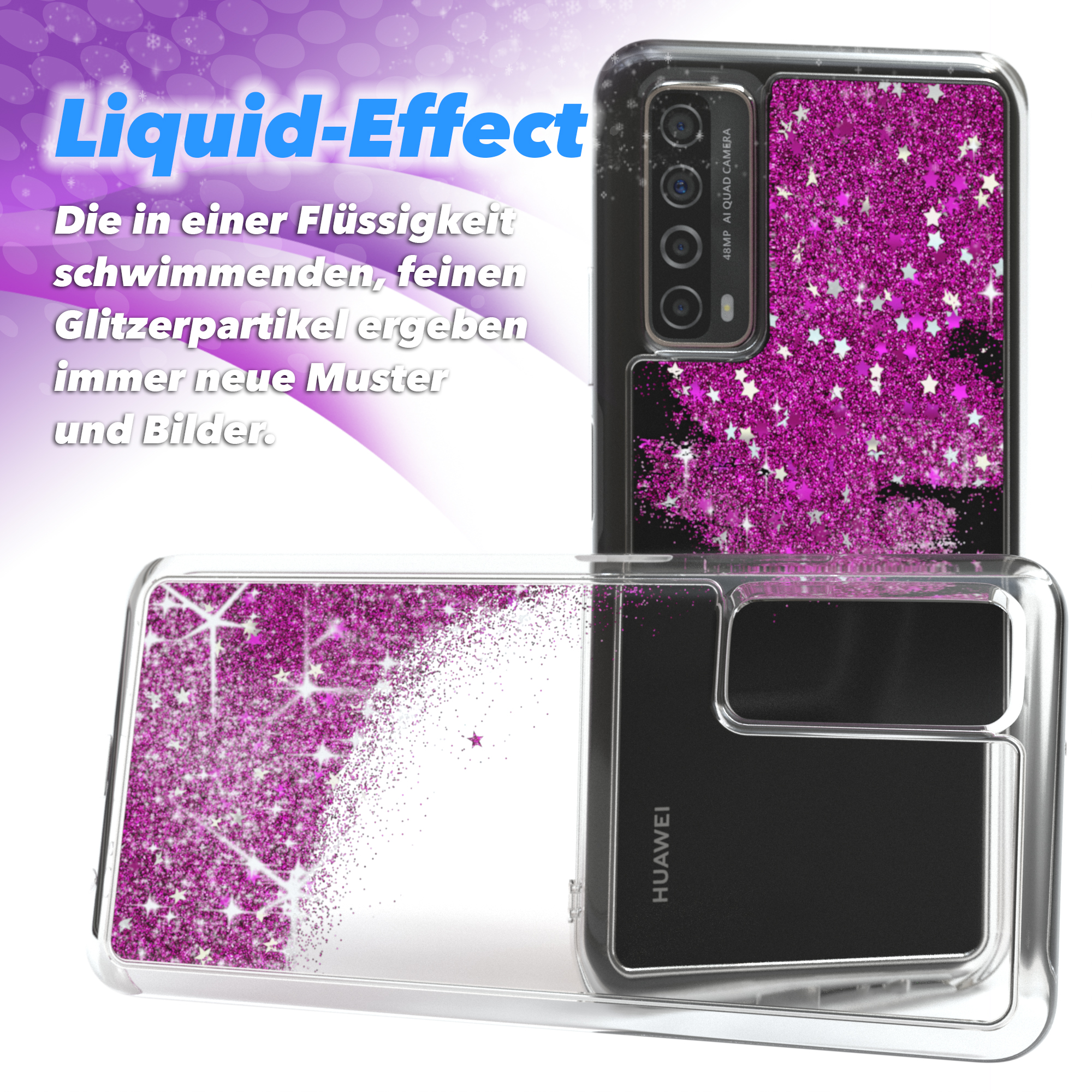 Handyhülle mit pinkem Glitzer und Sternen, „Liquid-Effect“-Schriftzug.