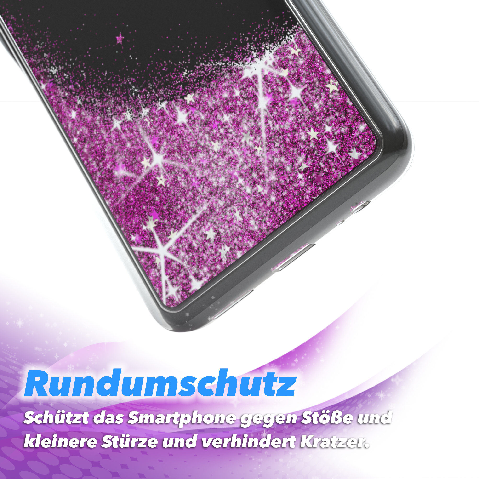 Ein Smartphone-Case mit lila Glitzer und Sternen-Design.
