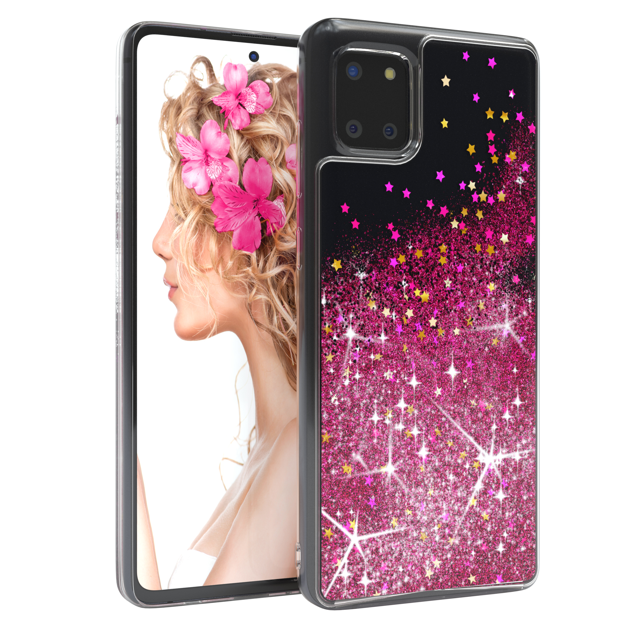 Ein Handy mit einem glitzernden Sternenmuster auf der Rückseite und einem Frauenprofil auf dem Bildschirm.