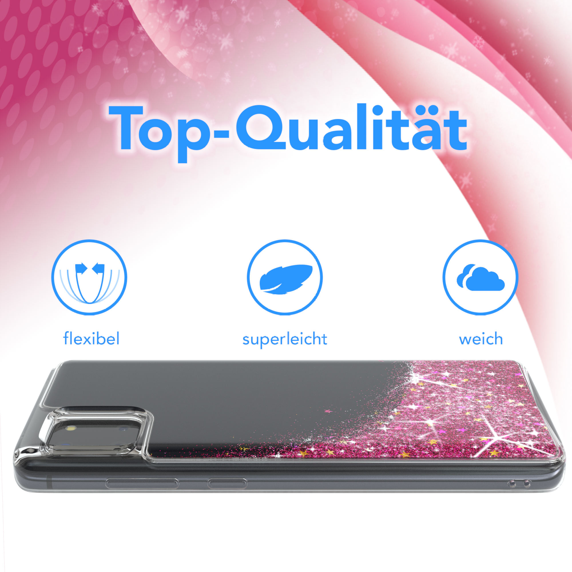 Handyhülle mit Glitzer und Sternen, "Top-Qualität" Schriftzug.