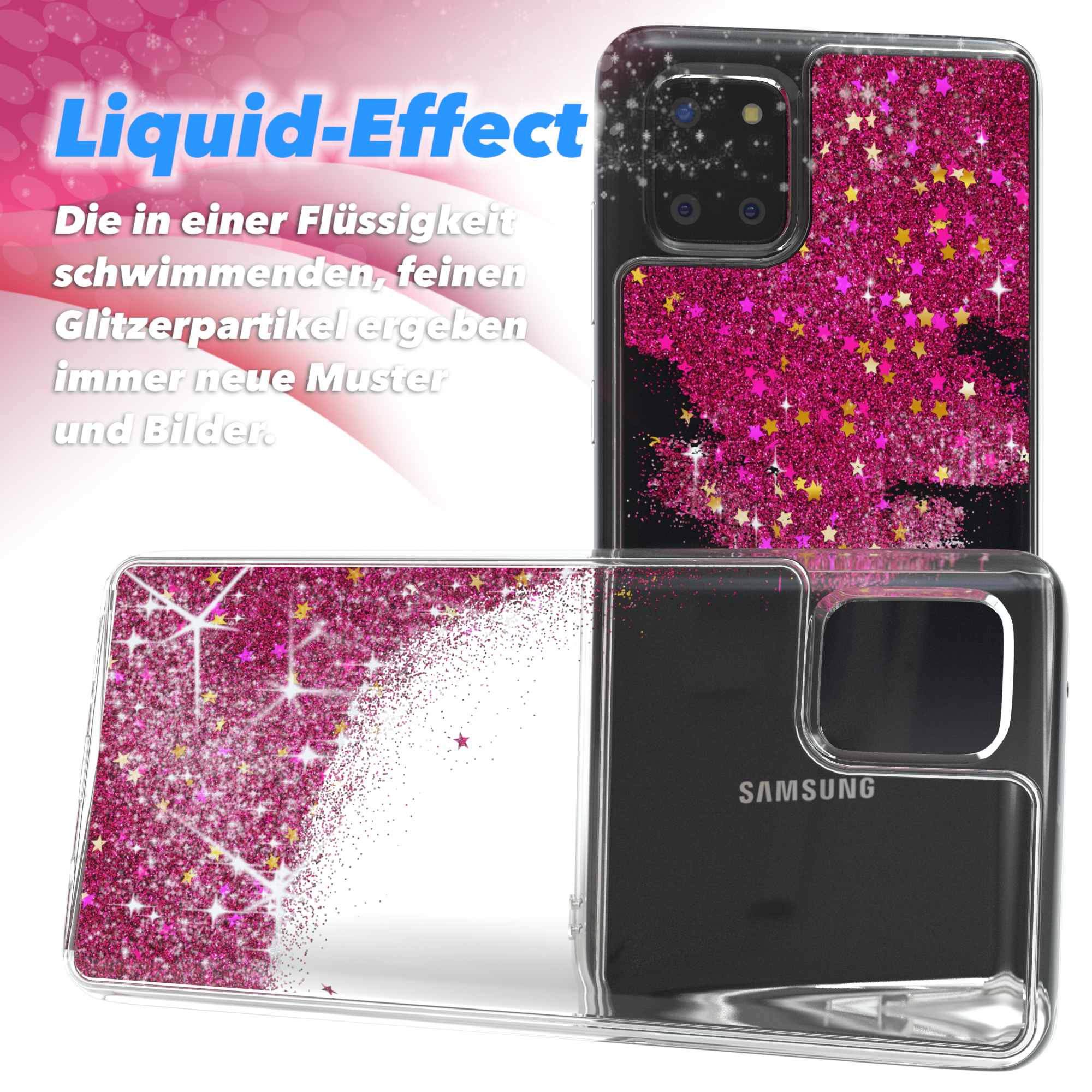 Transparente Handyhülle mit glitzernden pinken und goldenen Sternen.