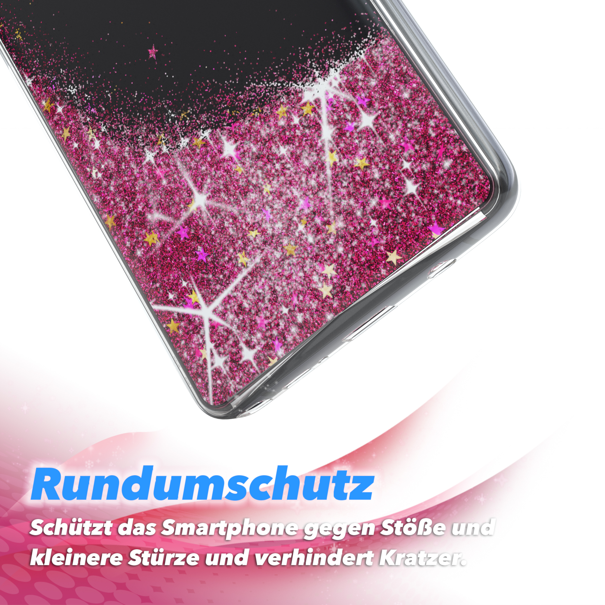 Handyhülle mit pinkem Glitzer und Sternen auf schwarzem Hintergrund.