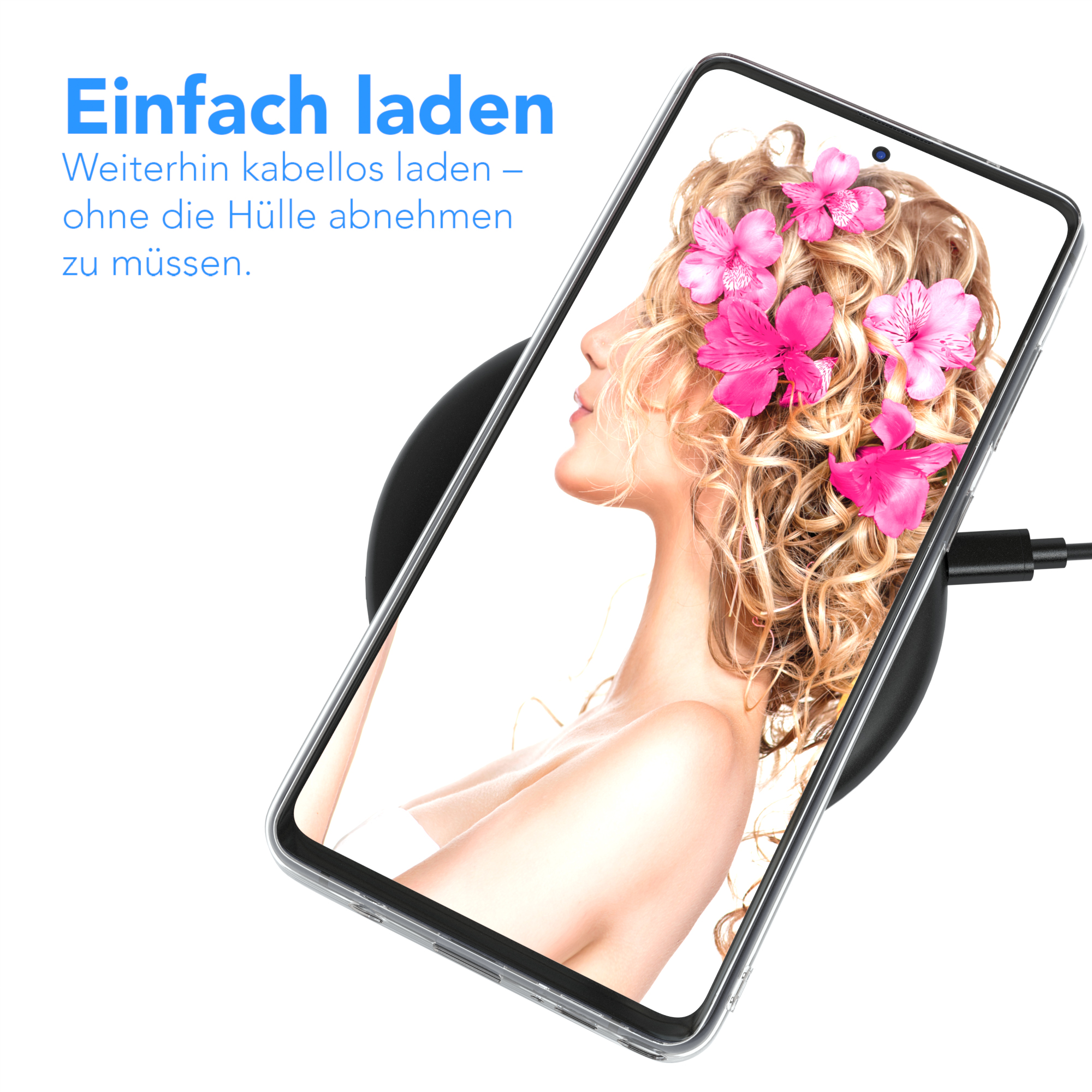 Ein Smartphone lädt kabellos auf einem schwarzen Ladegerät. Die Bildschirmansicht zeigt eine Frau mit Blumen im Haar.