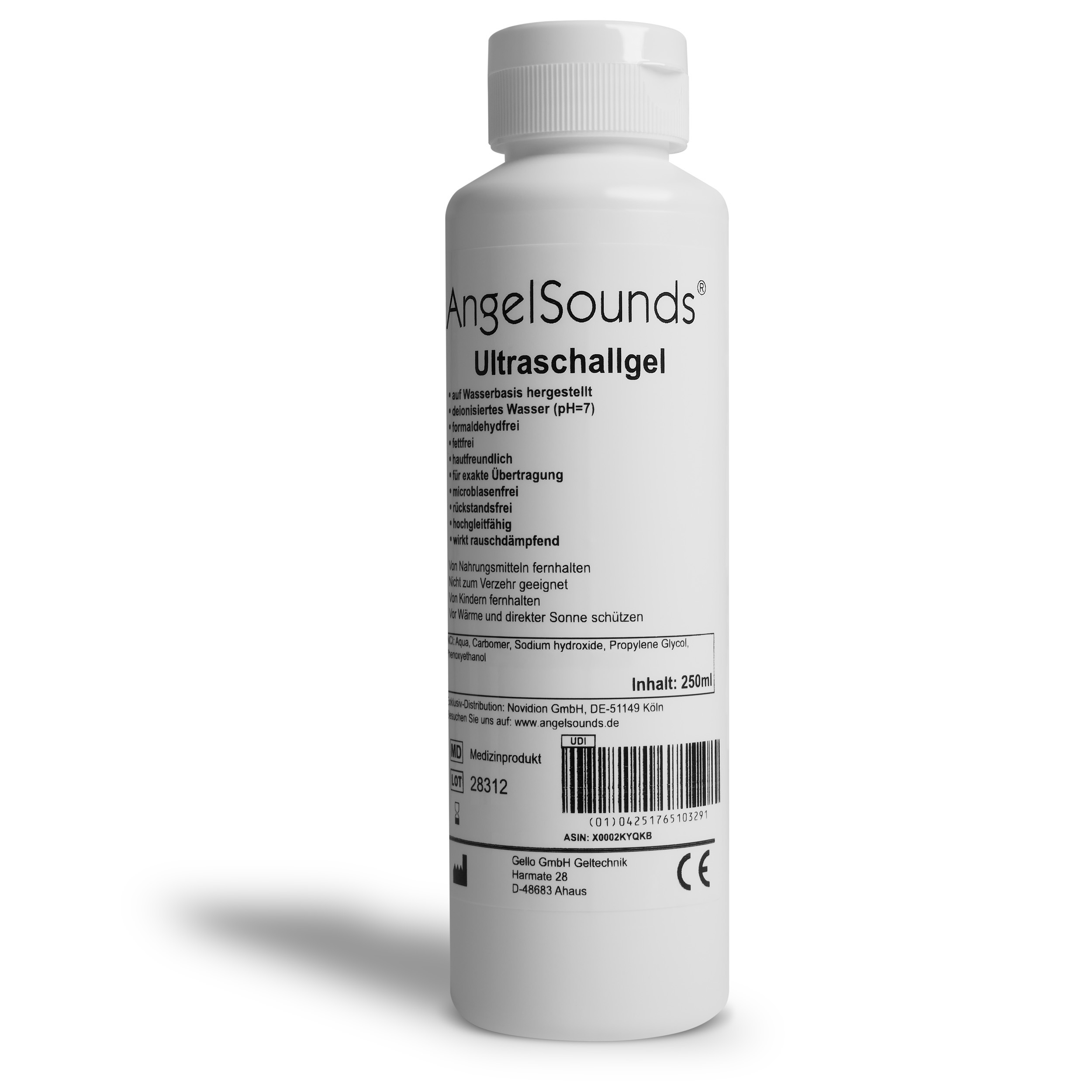 Weiße Flasche mit Angel Sounds Ultraschallgel, 250ml, Wasserbasis.