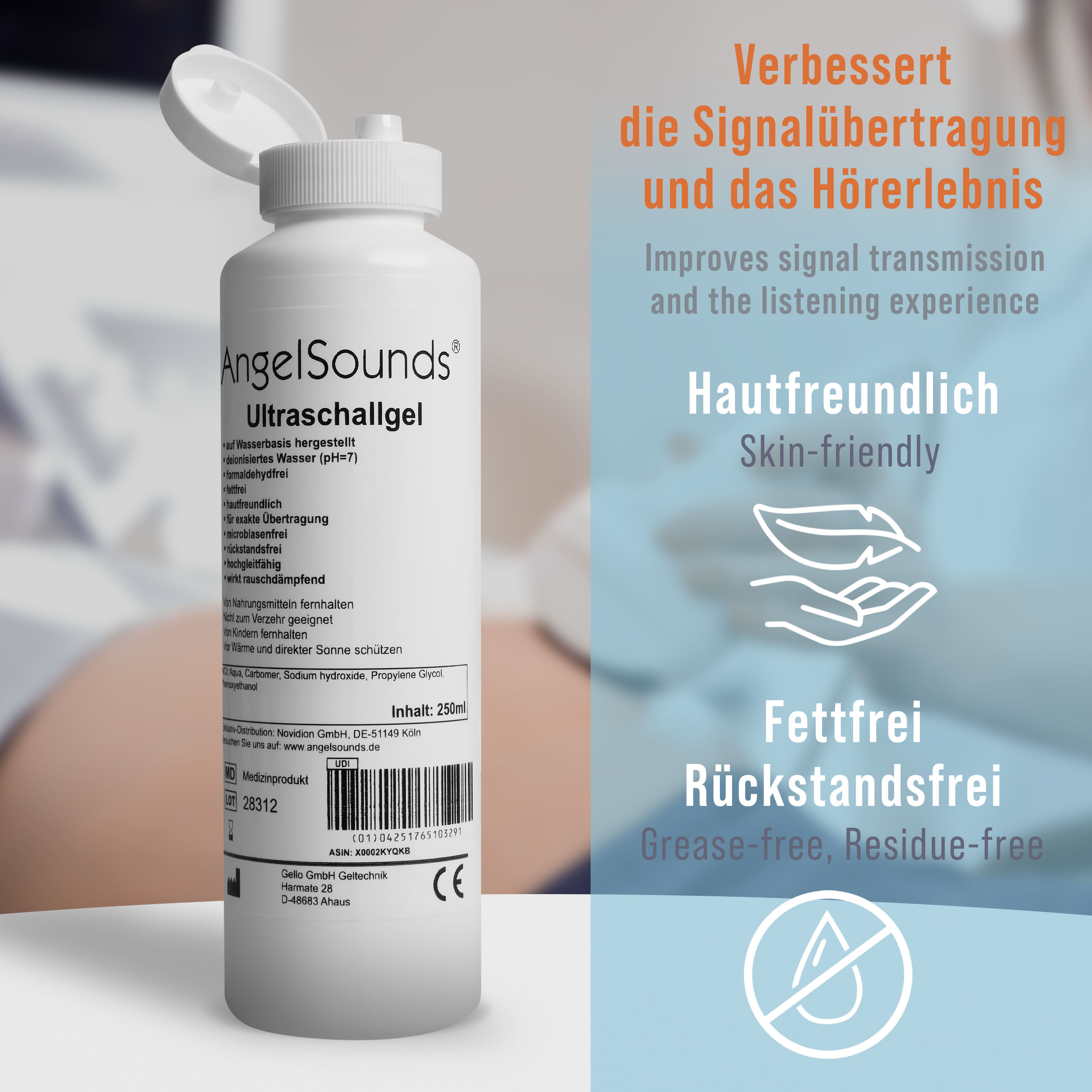 Weiße Flasche mit AngelSounds Ultraschallgel und deutschen/englischen Texten.