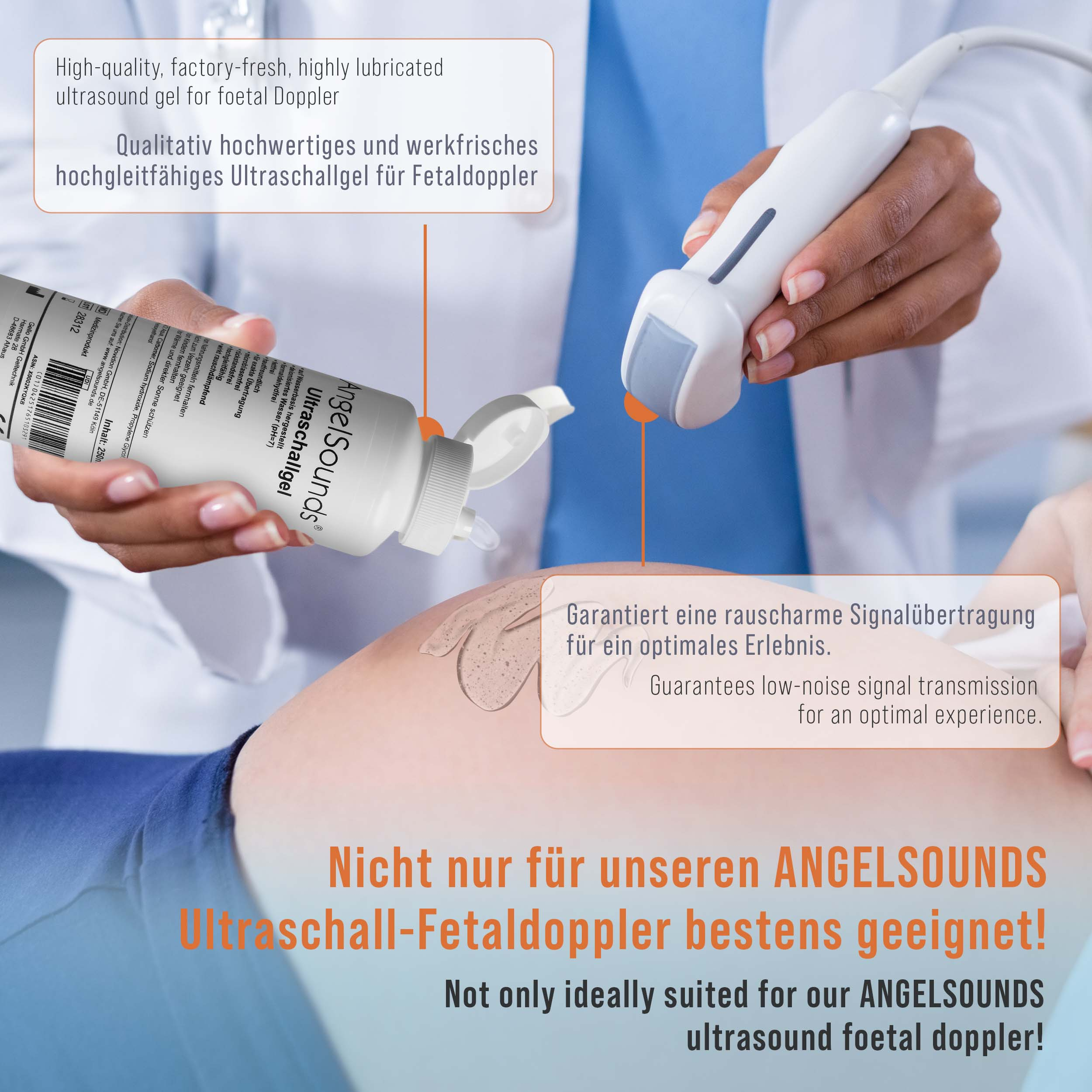 Ultraschallgel für Fetaldoppler wird auf Babybauch aufgetragen.