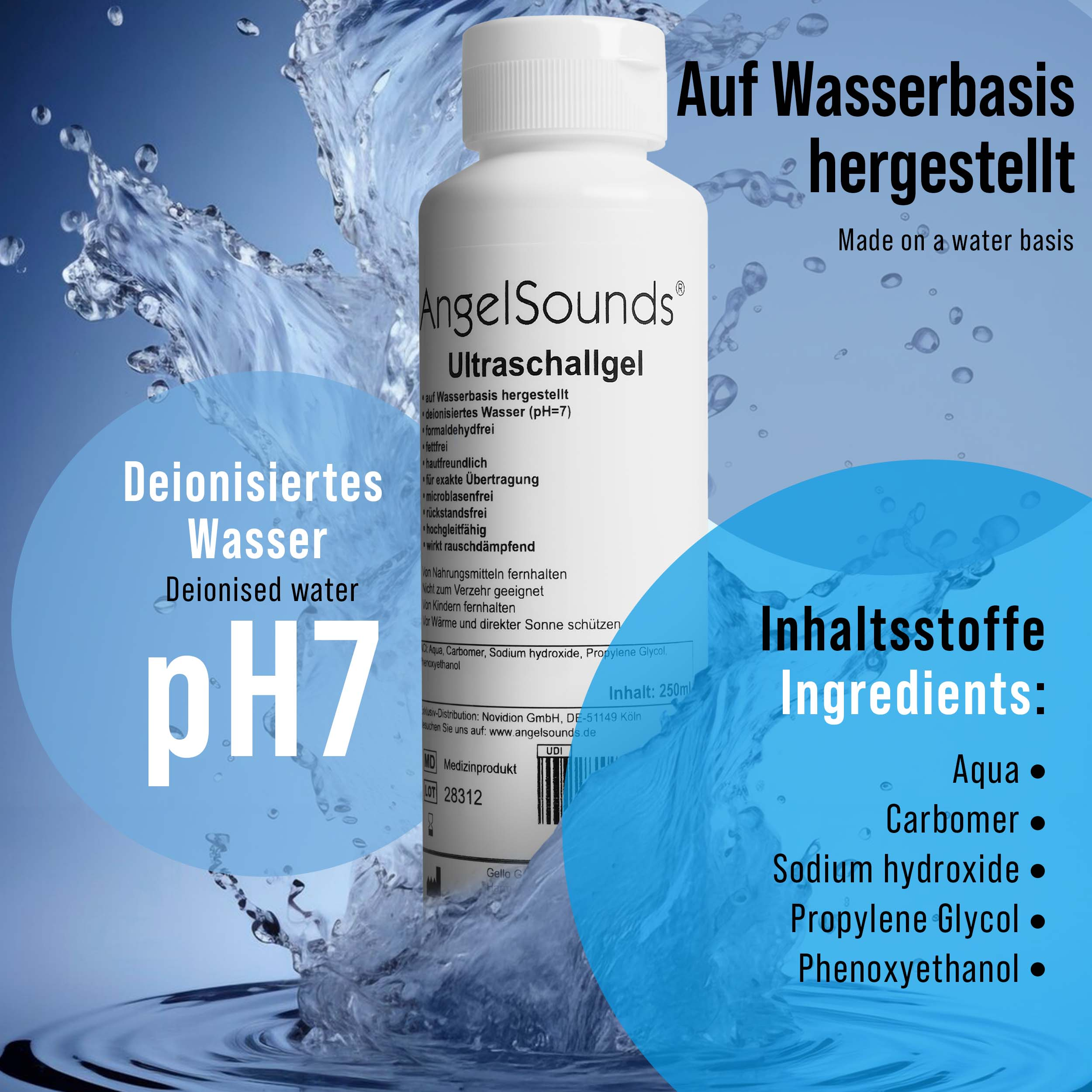 Weiße Flasche AngelSounds Ultraschallgel auf Wasserbasis, pH7. Zutaten Aqua, Carbomer.