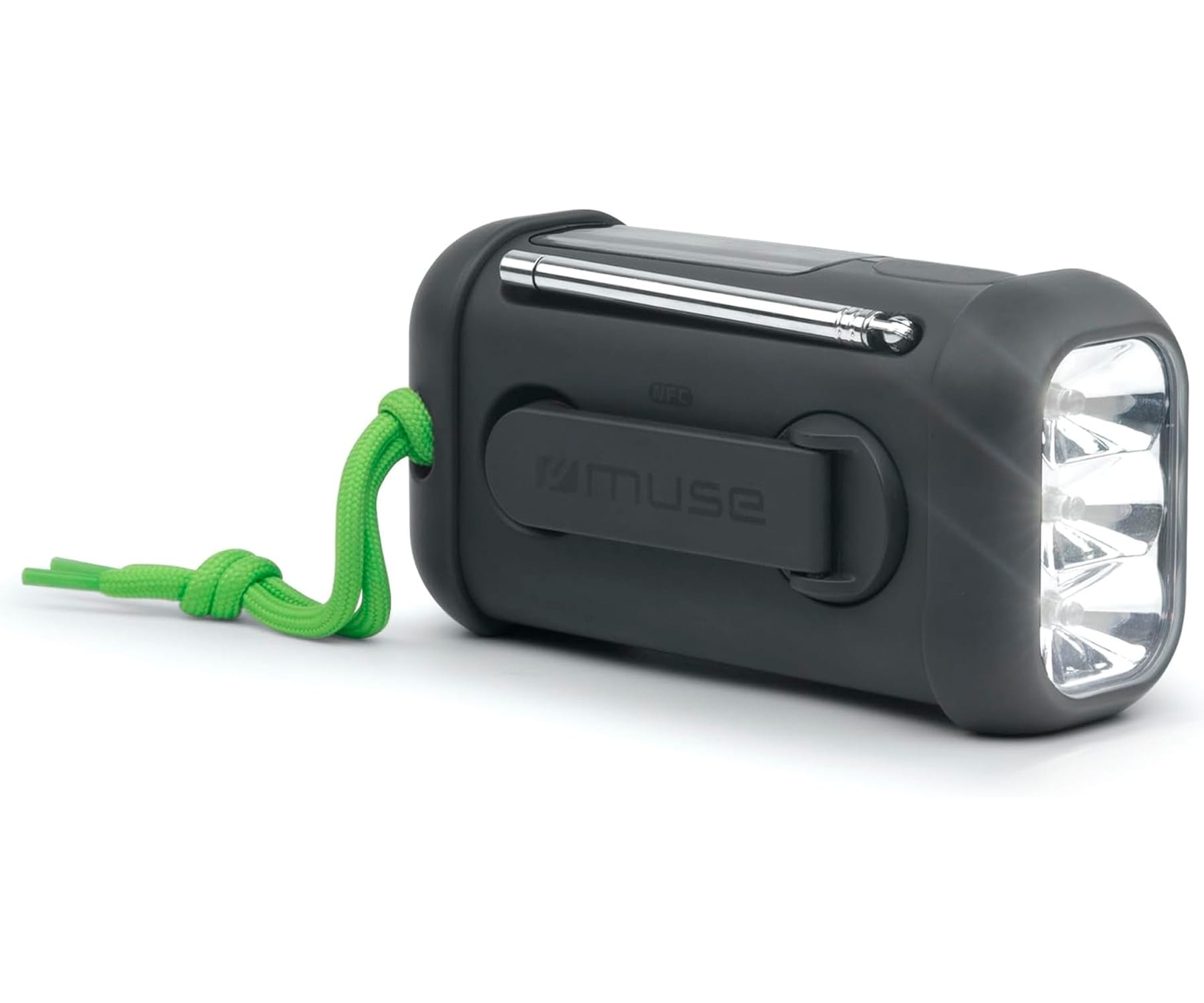 Grauer Multifunktions-Handy mit grüner Schnur, Radioantenne und LED-Licht.