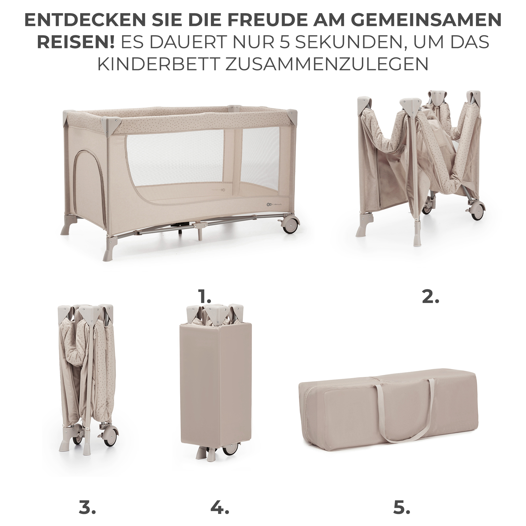 Ein Reisebett in Beige wird schrittweise zusammengeklappt und verstaut.
