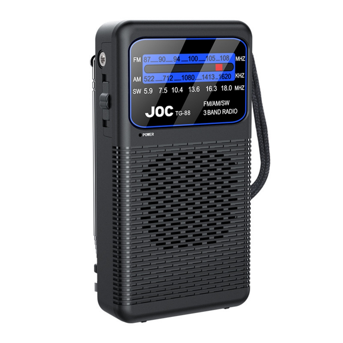 Ein schwarzes JOC TG-88 3-Band-Radio mit einem Display, das FM-, AM- und SW-Frequenzen anzeigt.