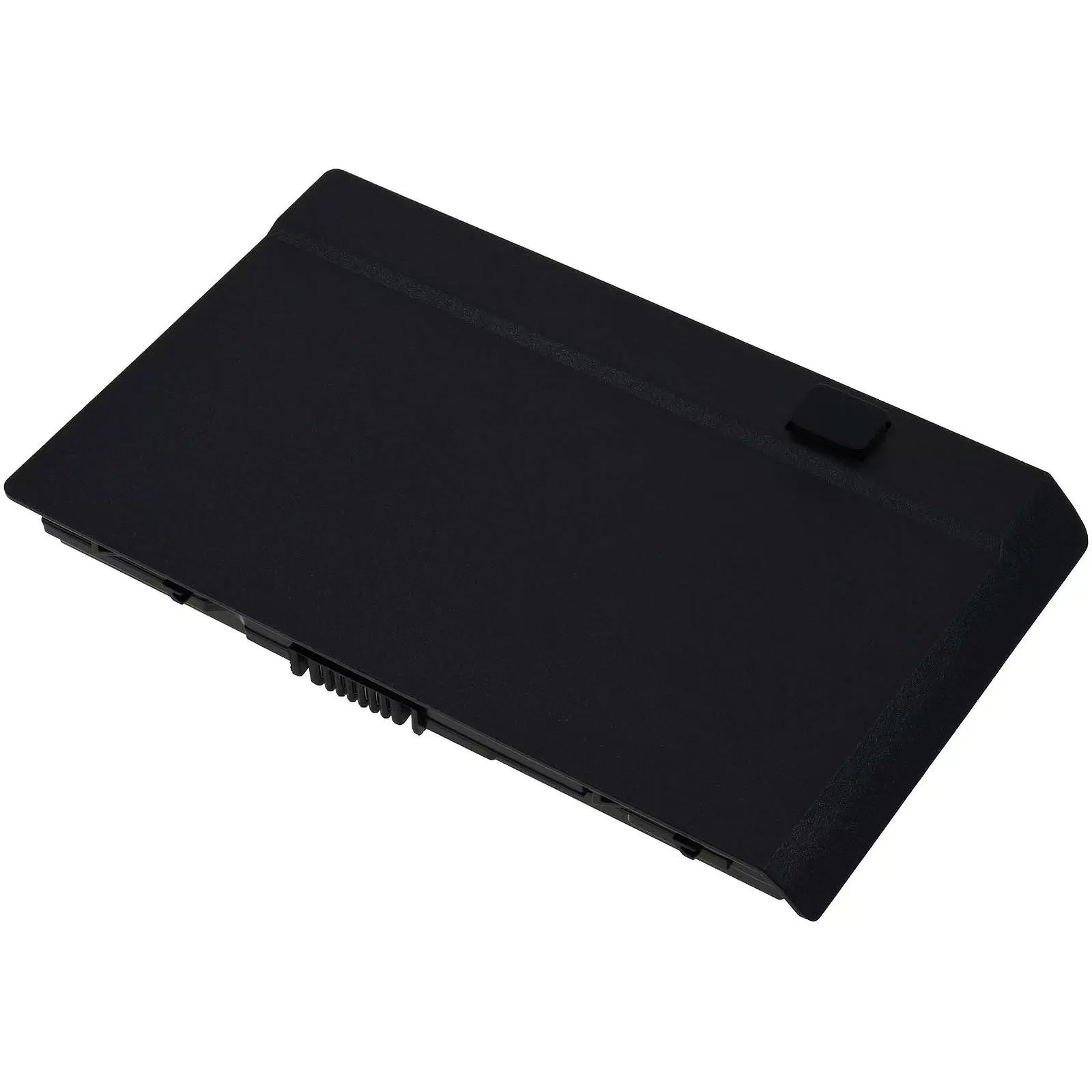 Ein schwarzer Laptop-Akku mit einem kleinen schwarzen Knopf auf der Oberseite.