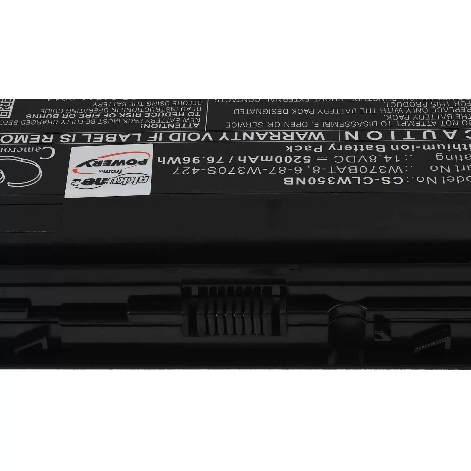 Schwarzer Akku mit Aufklebern und Warnhinweisen. Modellnummer CS-CLW350NB.