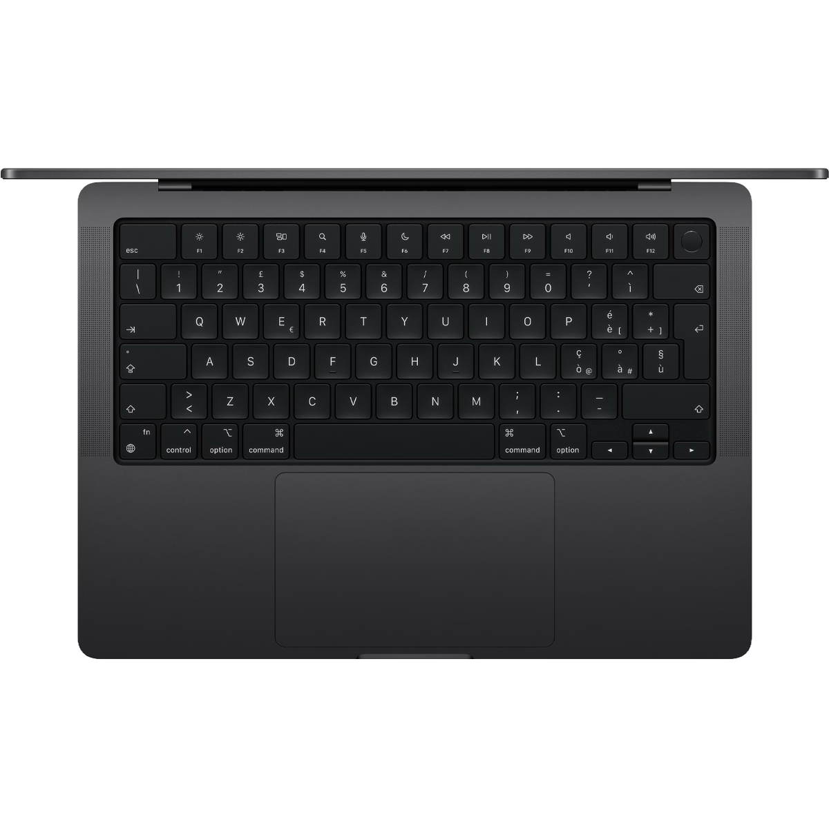 Un laptop scuro chiuso che mostra tastiera e trackpad.
