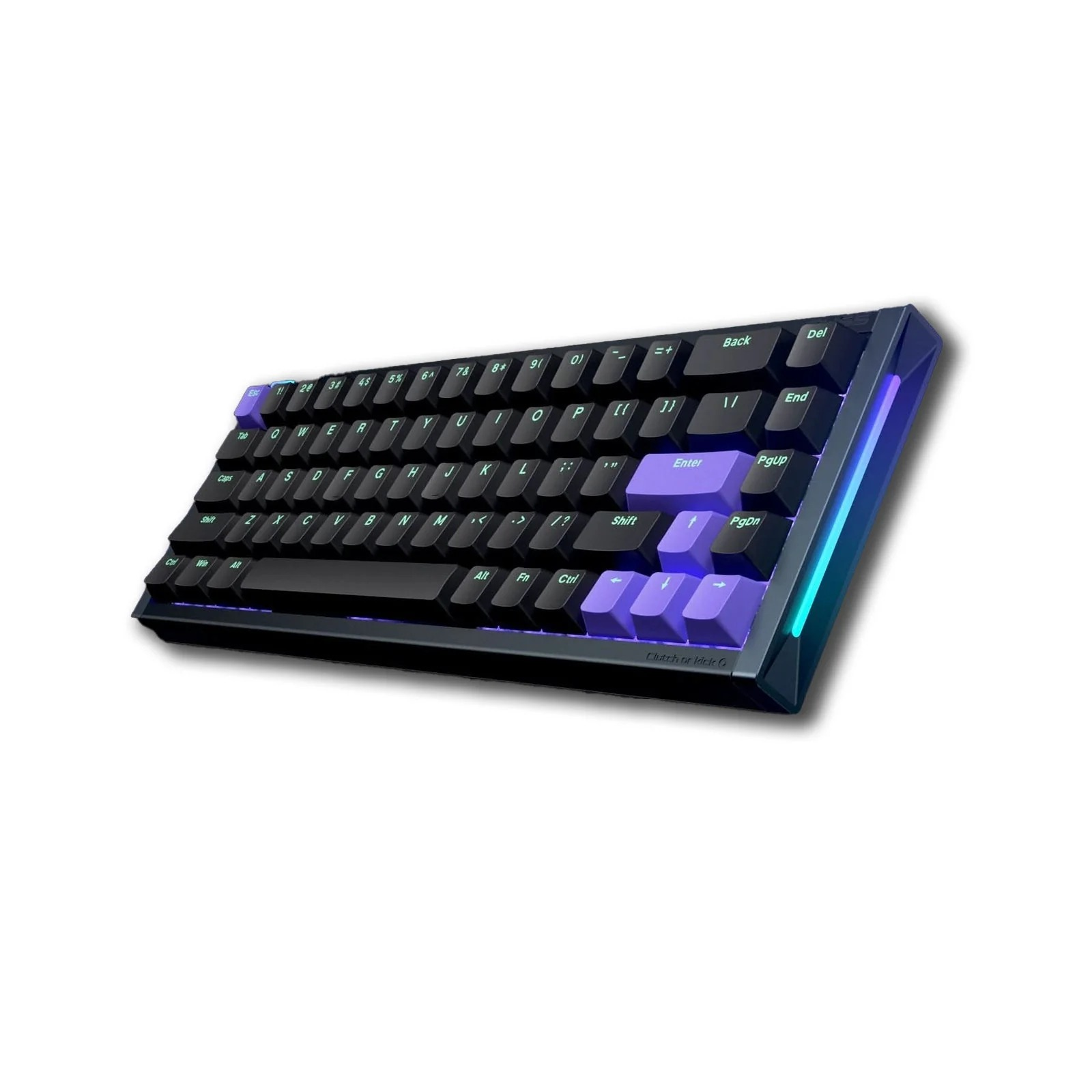 Czarna klawiatura mechaniczna z fioletowymi klawiszami i niebiesko-zielonym podświetleniem RGB.