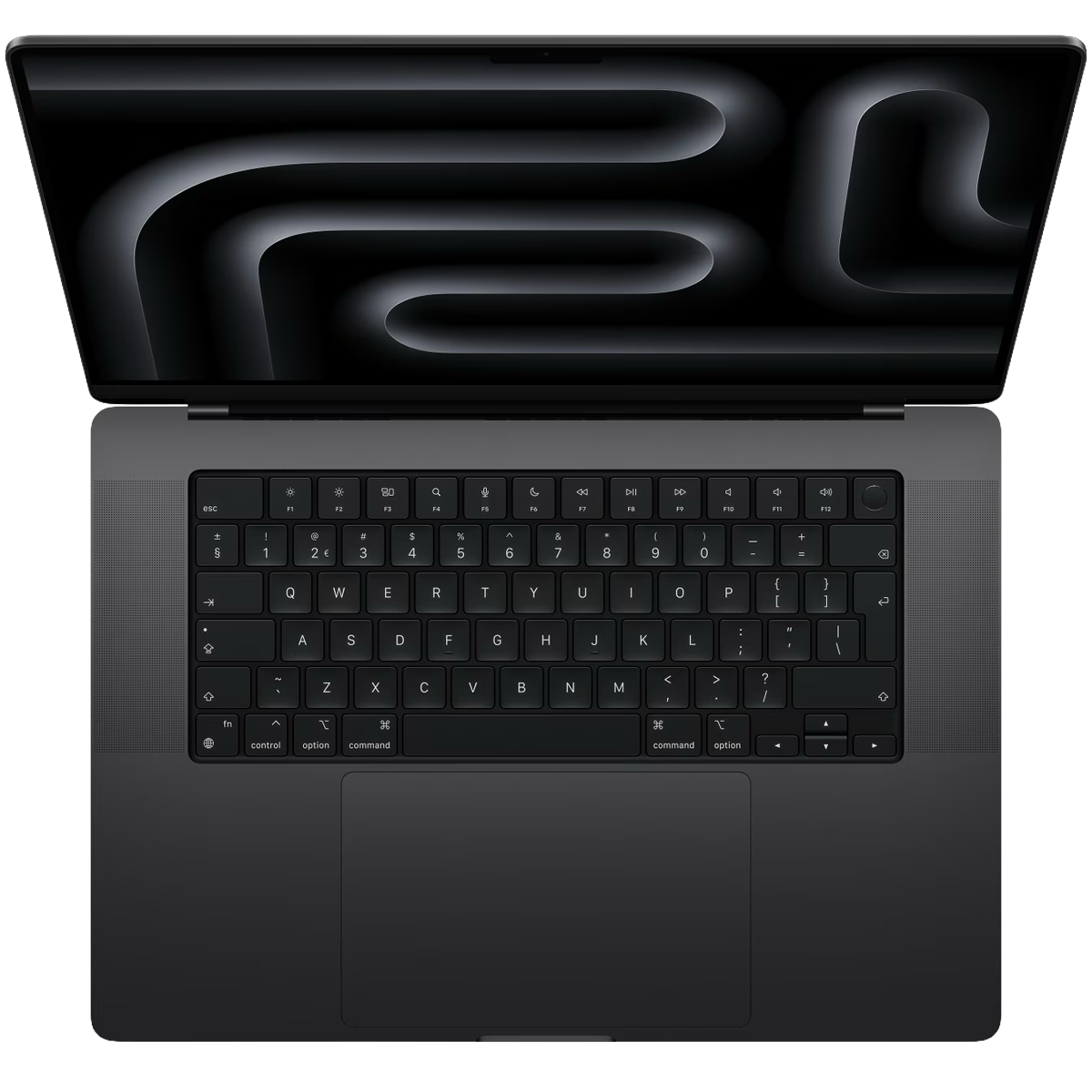 Een donkere MacBook Pro met het deksel open, met het verlichte toetsenbord.