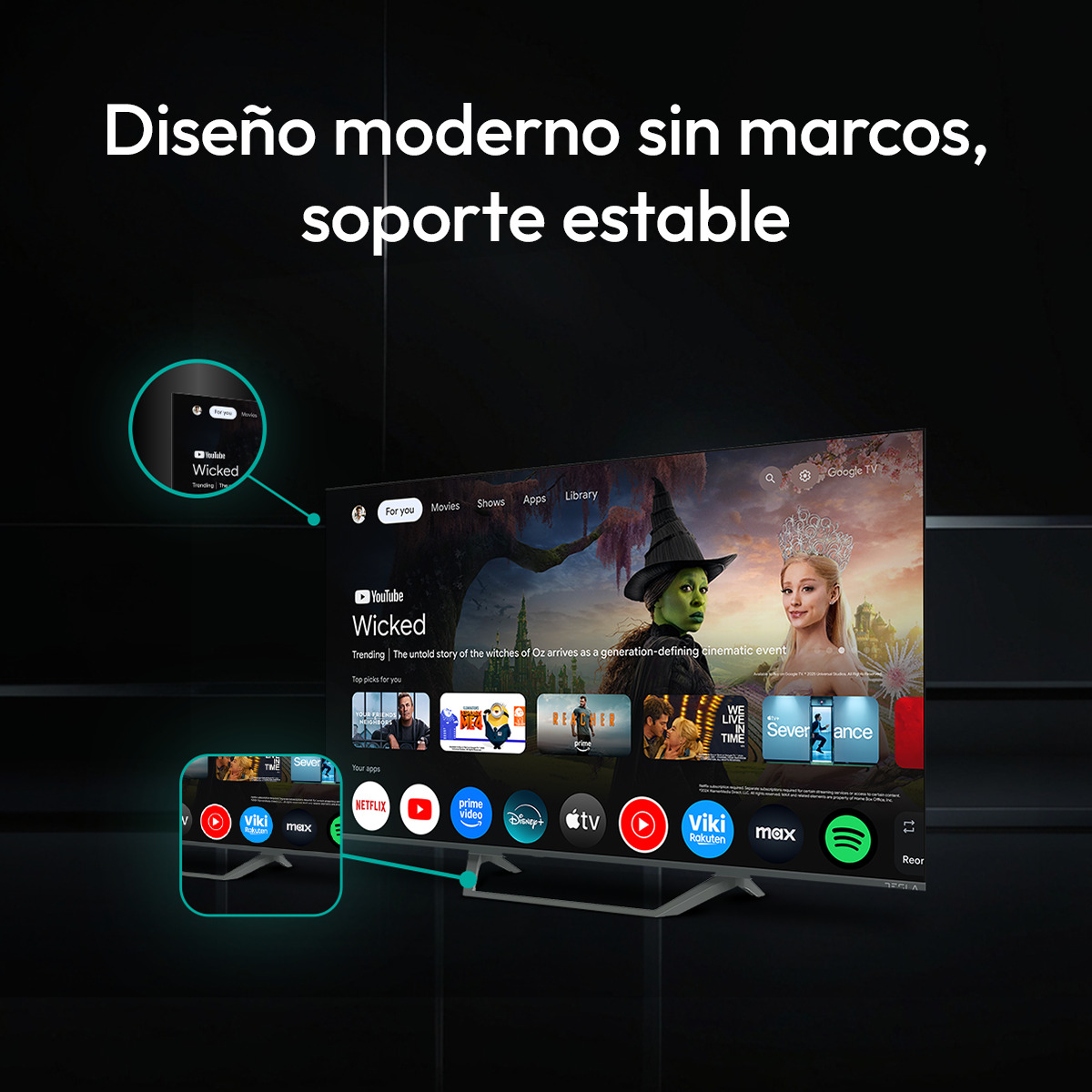 TV moderno sin marco con soporte estable, mostrando interfaz de Google TV.