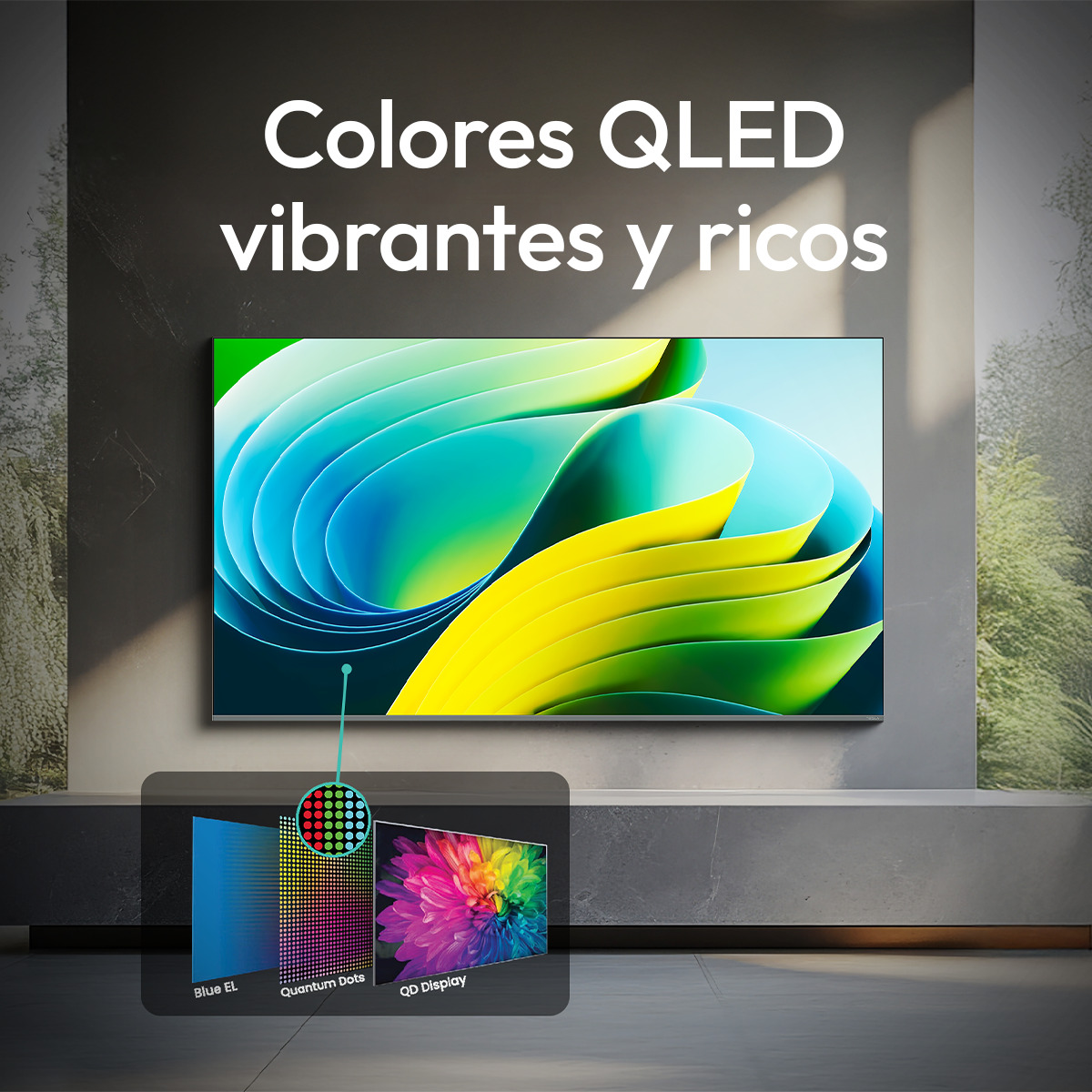 Un televisor QLED que muestra colores vibrantes, con un primer plano de la tecnología QD.