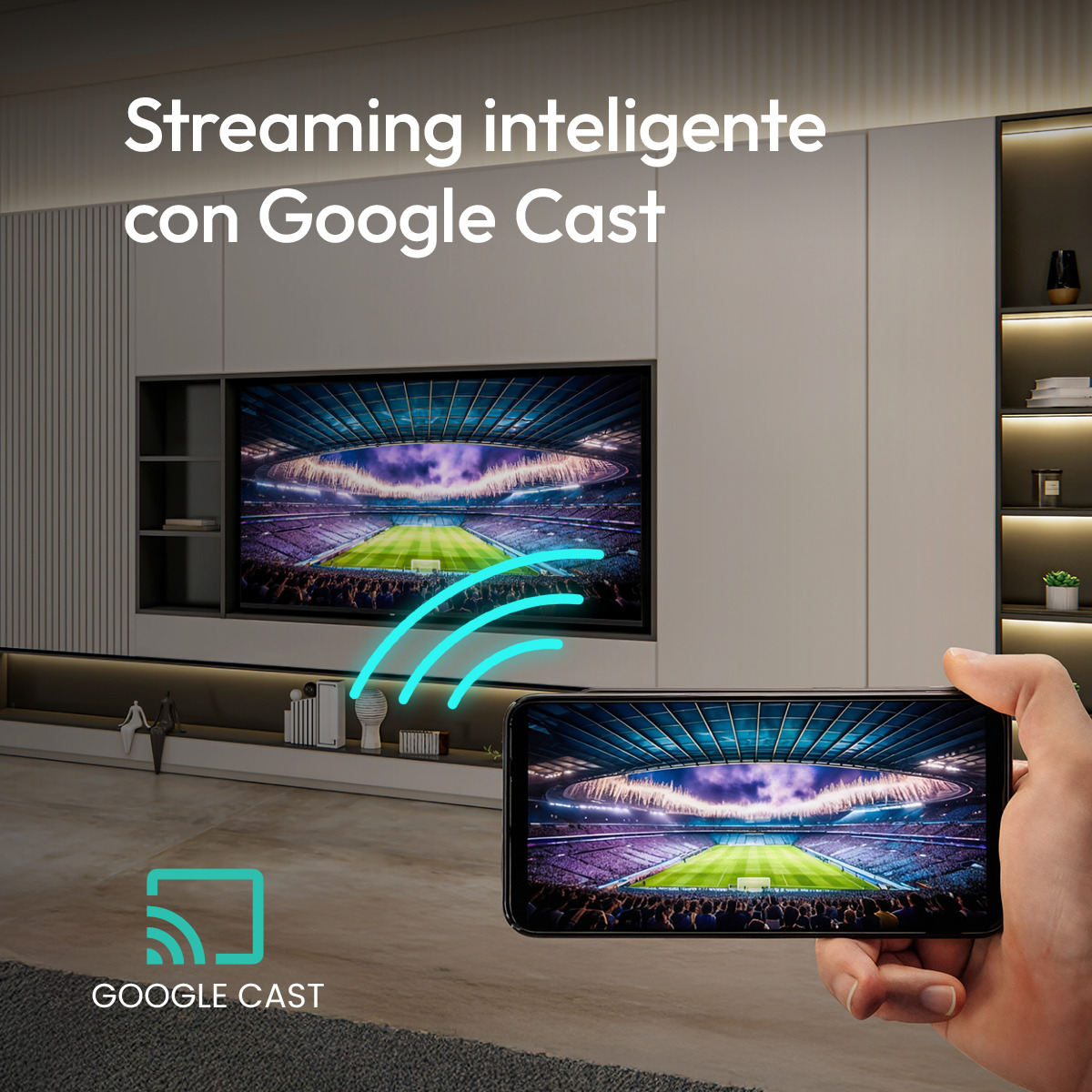 Un smartphone transmite un partido de fútbol a un televisor con Google Cast.