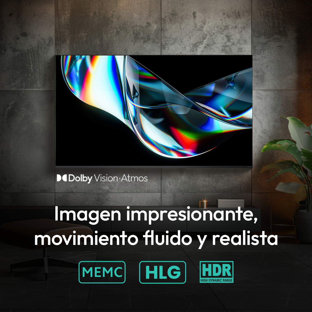 Un televisor moderno con Dolby Vision Atmos muestra una imagen abstracta.