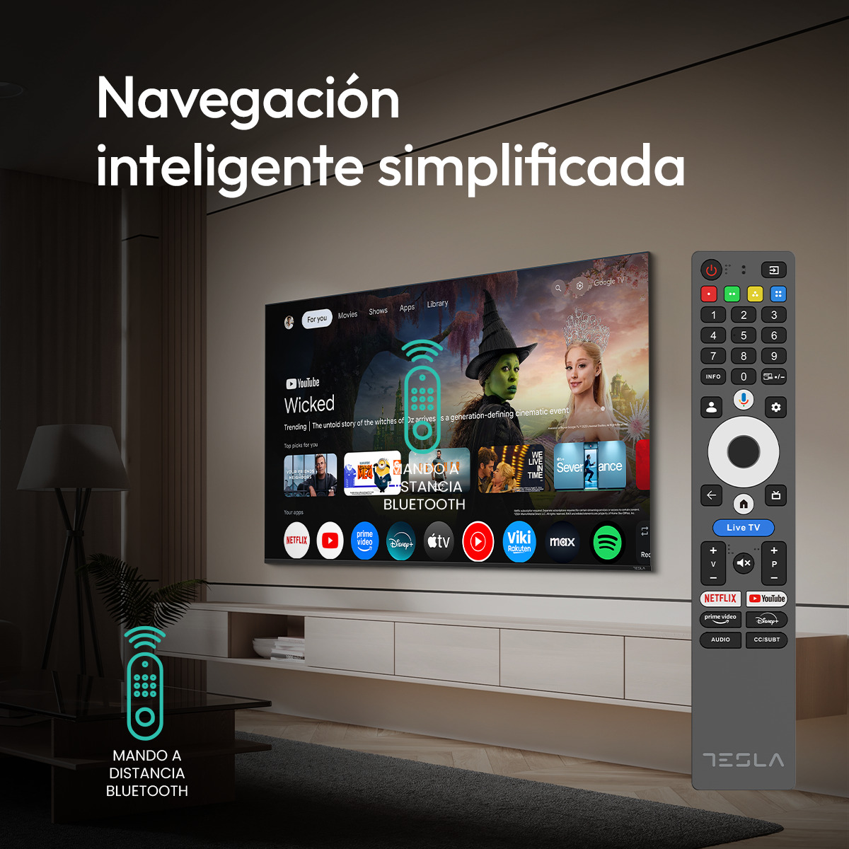 Se ve un televisor moderno con interfaz de usuario y mando a distancia.