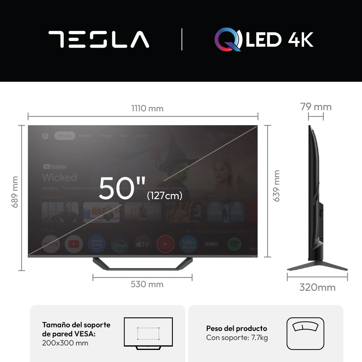 Un televisor Tesla QLED 4K de 50 pulgadas con dimensiones y apps.