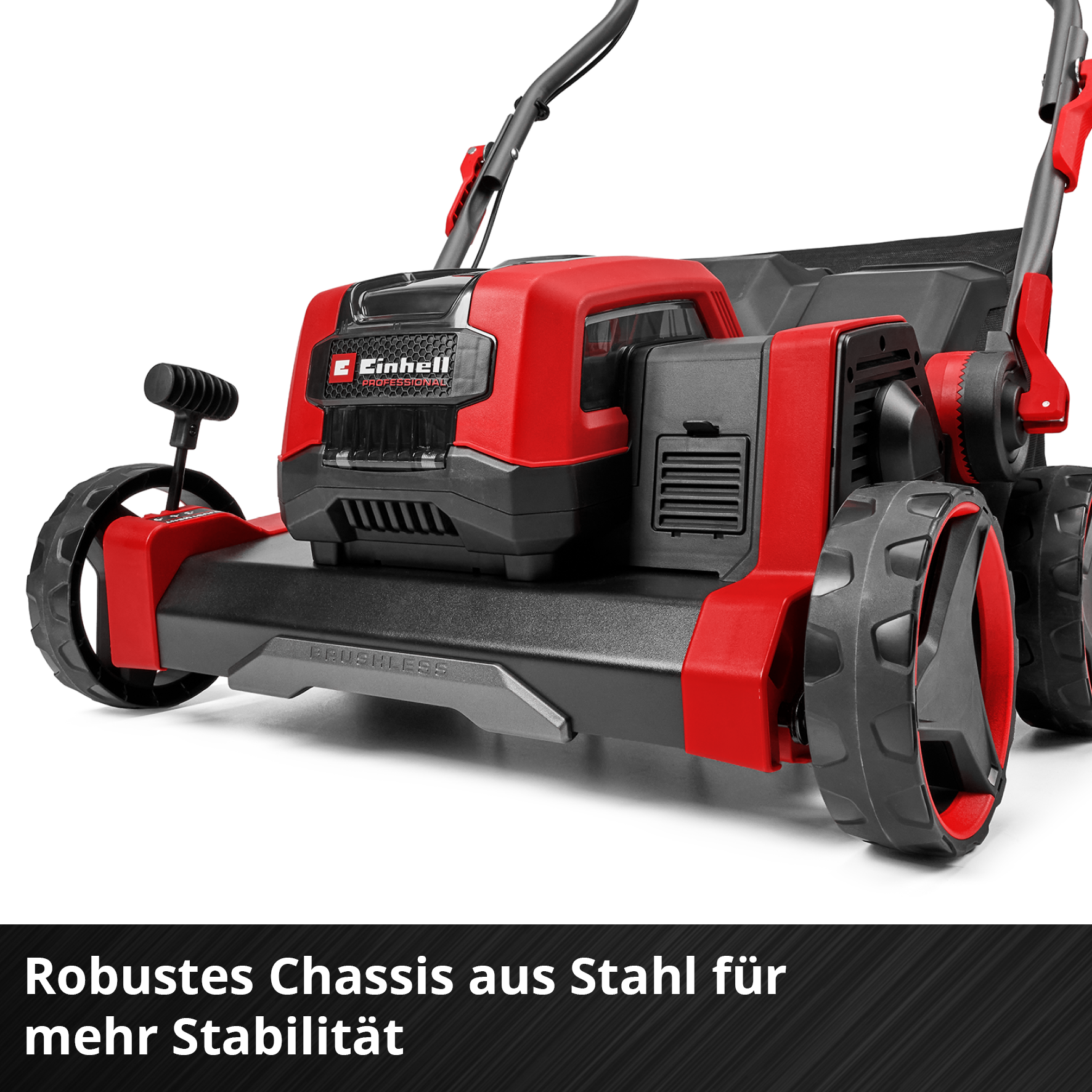 Roter und schwarzer Rasenmäher mit großen Rädern und Einhell-Logo.
