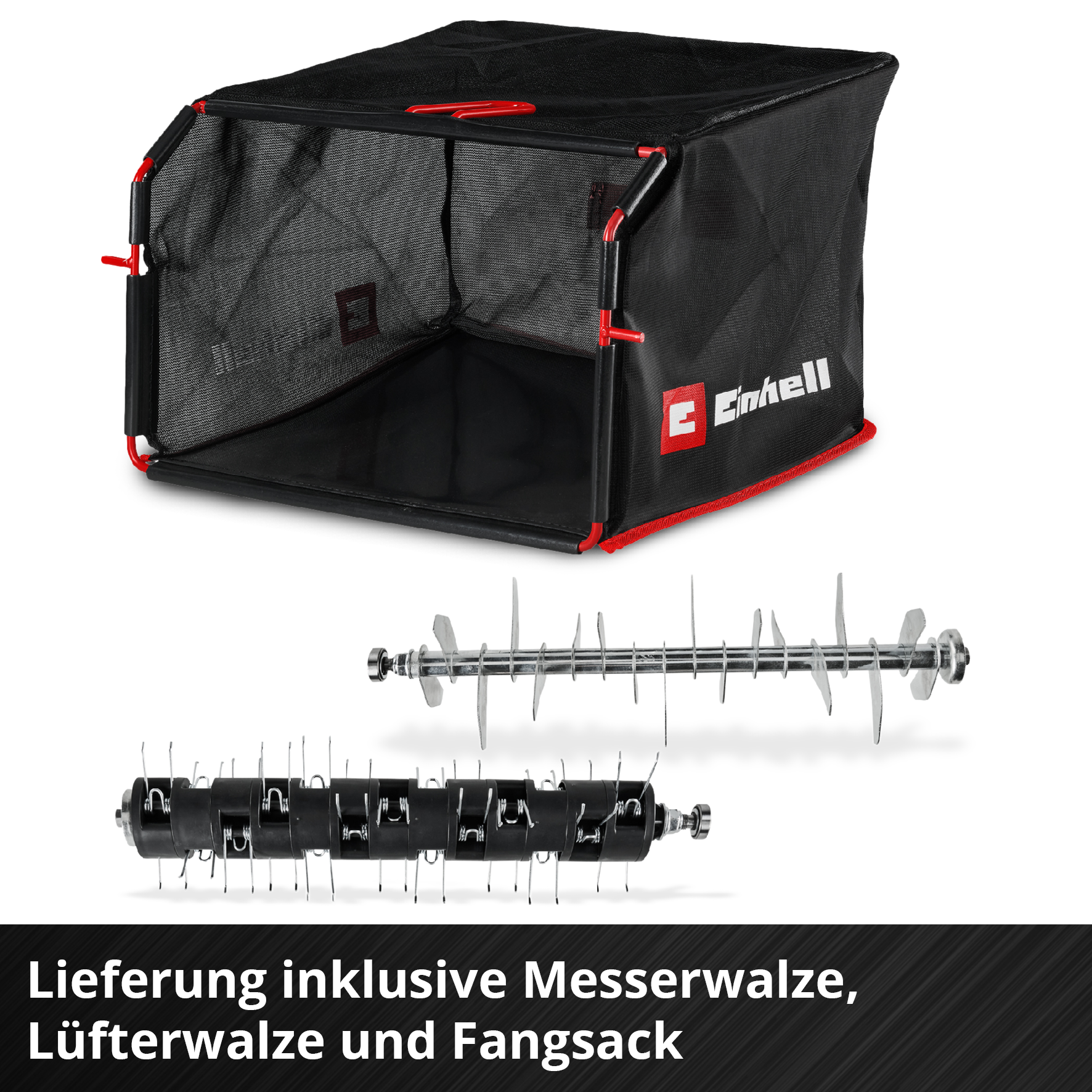 Ein Fangsack mit roten Akzenten und zwei Walzen, eine mit Messern, eine mit Stiften.