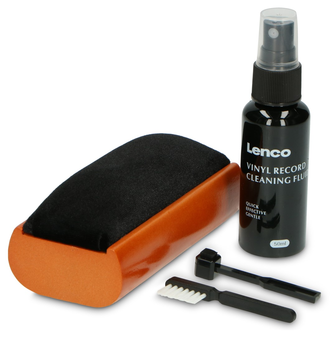Zestaw do czyszczenia płyt winylowych z szczotką, butelką w sprayu i dwoma małymi szczoteczkami.
