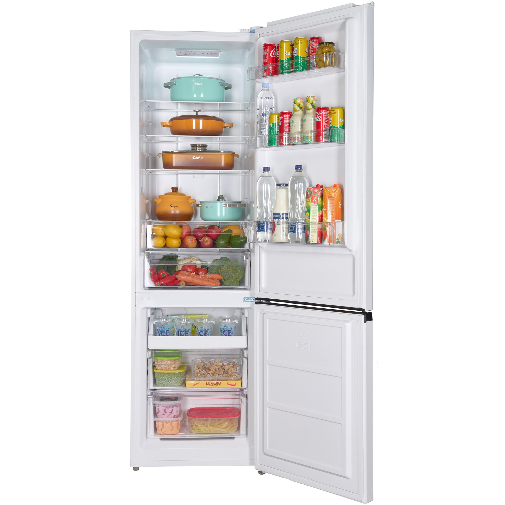 Ein weißer Kühlschrank mit offenen Türen, gefüllt mit Lebensmitteln und Getränken.