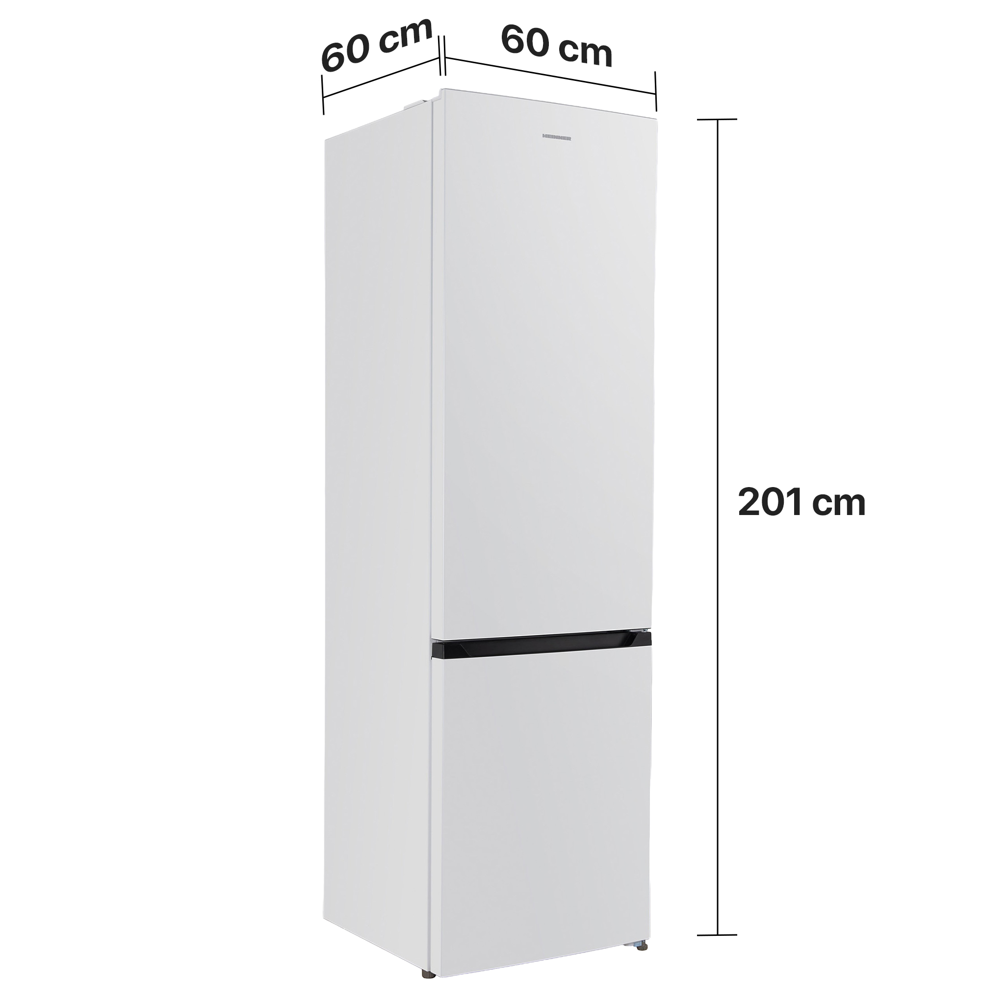 Ein weißer Kühlschrank mit den Maßen 60x201 cm.