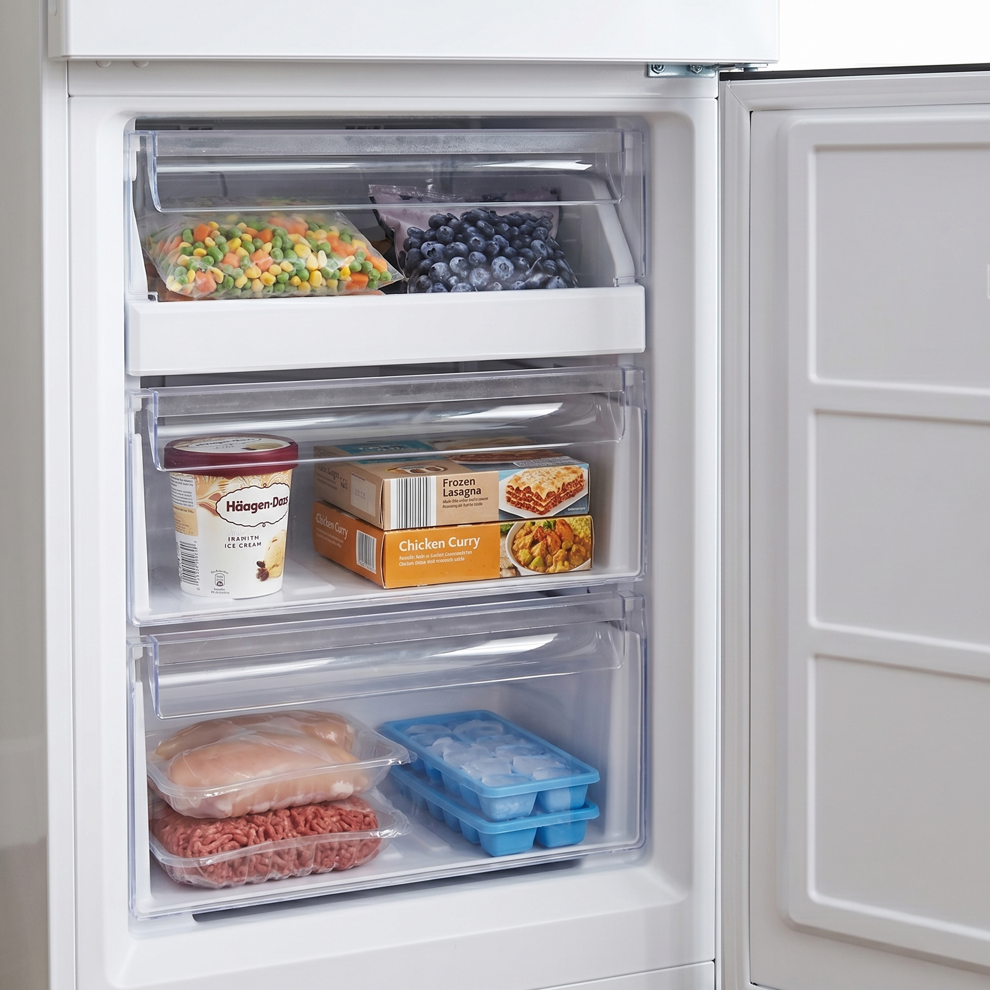 Gefrierschrank mit gefrorenem Gemüse, Beeren, Eis, Lasagne, Hähnchen und Hackfleisch.