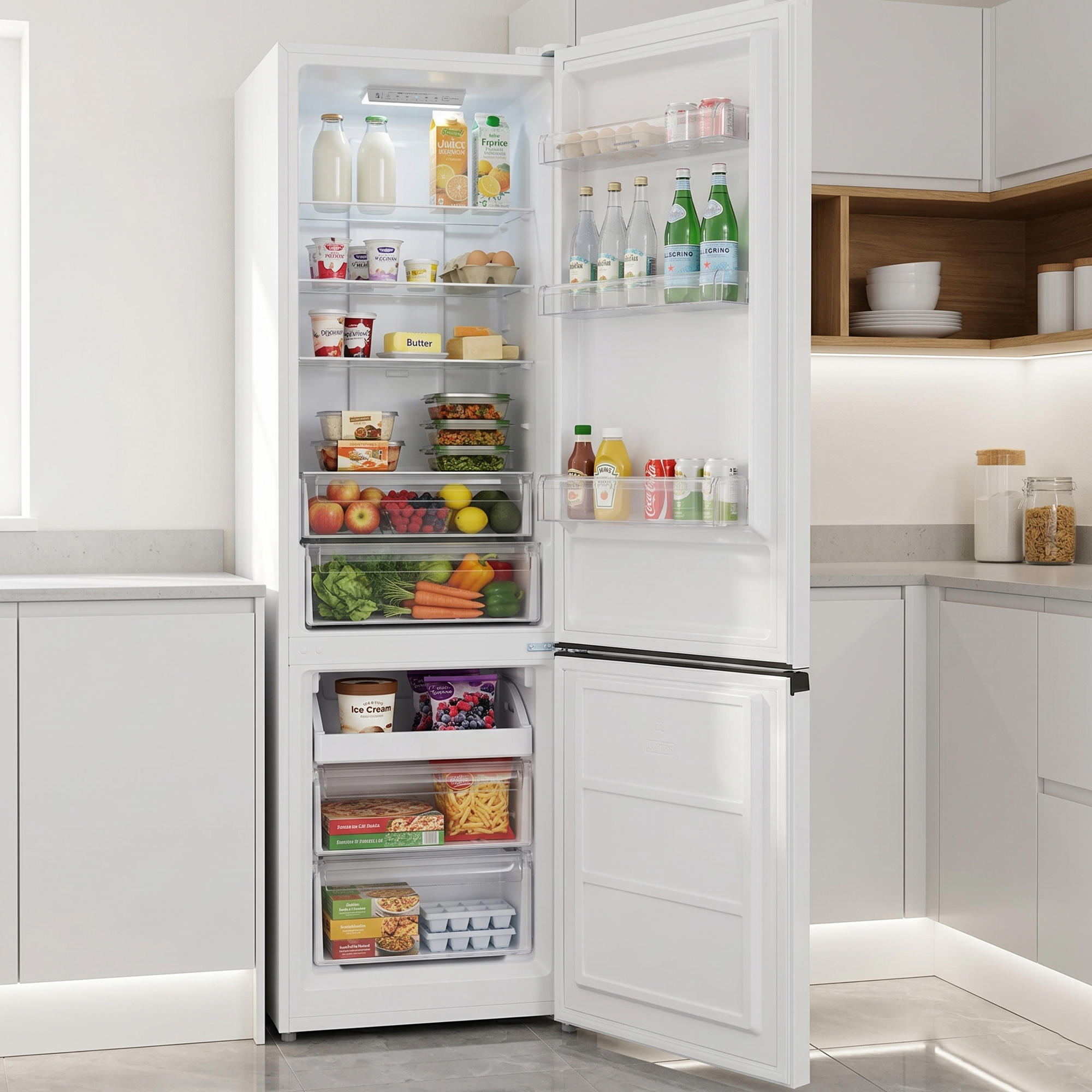Ein offener Kühlschrank mit Lebensmitteln wie Milch, Saft, Eiern, Gemüse, Pizza und Eis.