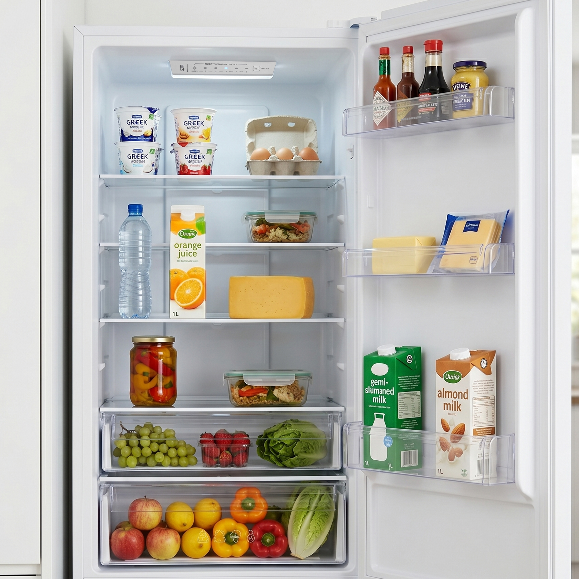 Ein offener Kühlschrank mit Joghurt, Eiern, Saft, Käse, Gemüse und Obst.