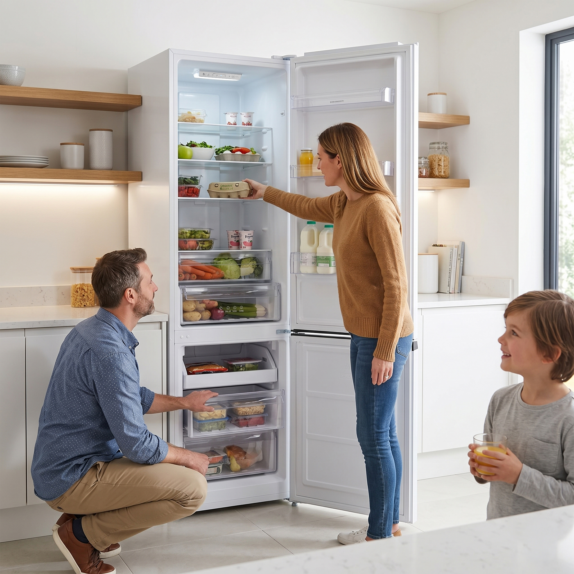 Familie in der Küche, Frau öffnet Kühlschrank, Mann kniet, Sohn hält Saft.
