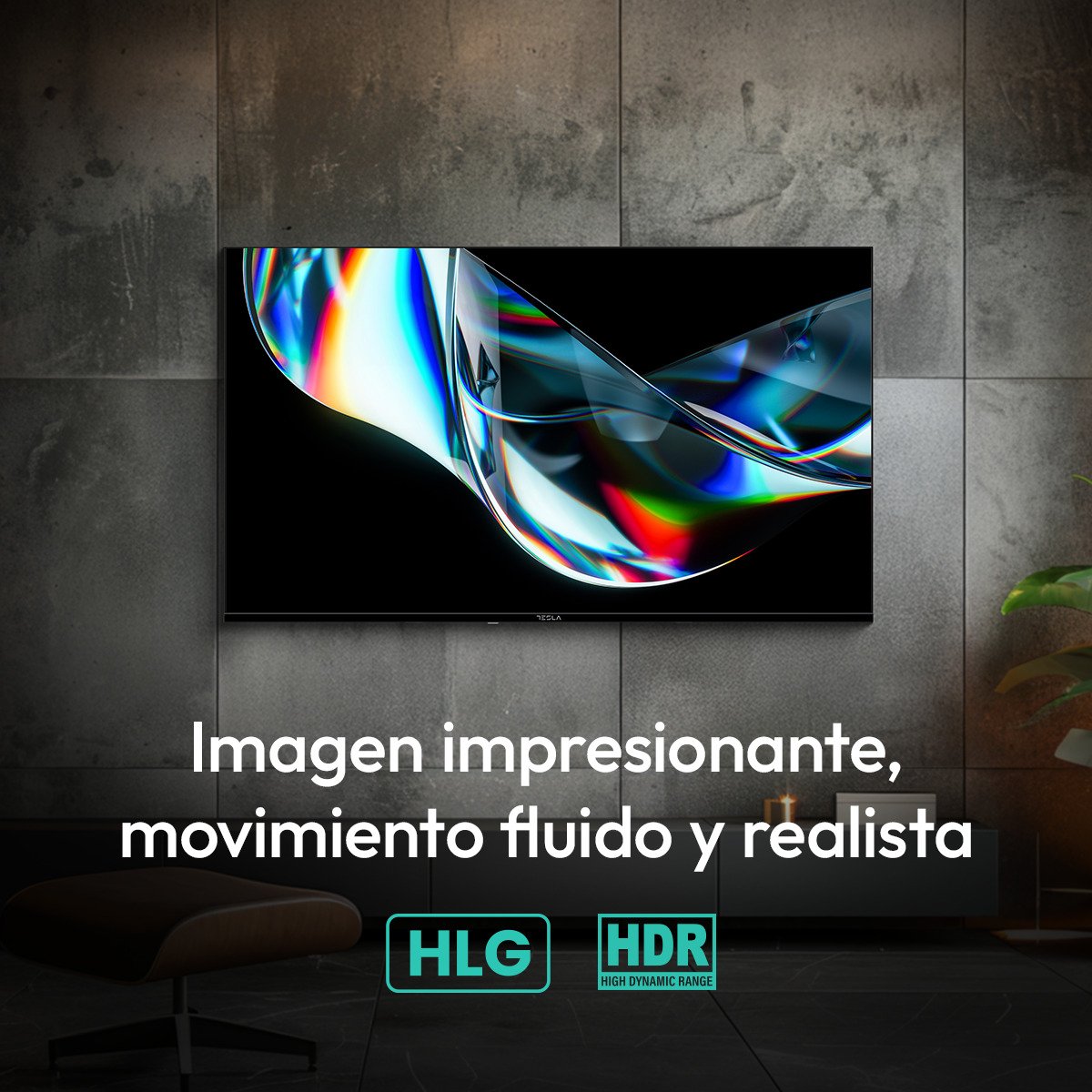 Un televisor moderno muestra una imagen abstracta y colorida. Logos HLG y HDR debajo.