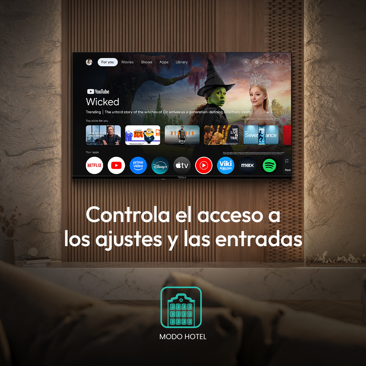 Una pantalla de Smart TV muestra la app 'Wicked', varias apps y servicios de streaming.