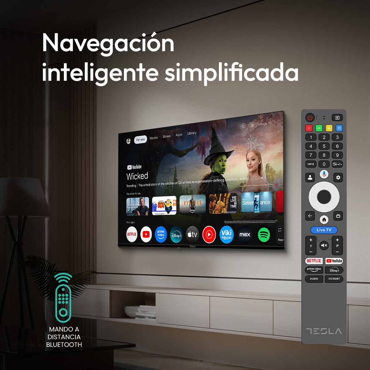 Un televisor moderno con mando. La pantalla muestra una interfaz de aplicaciones.