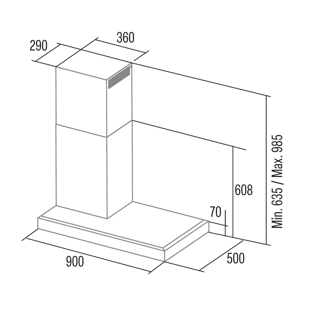 Rysunek techniczny okapu kuchennego z wymiarami.