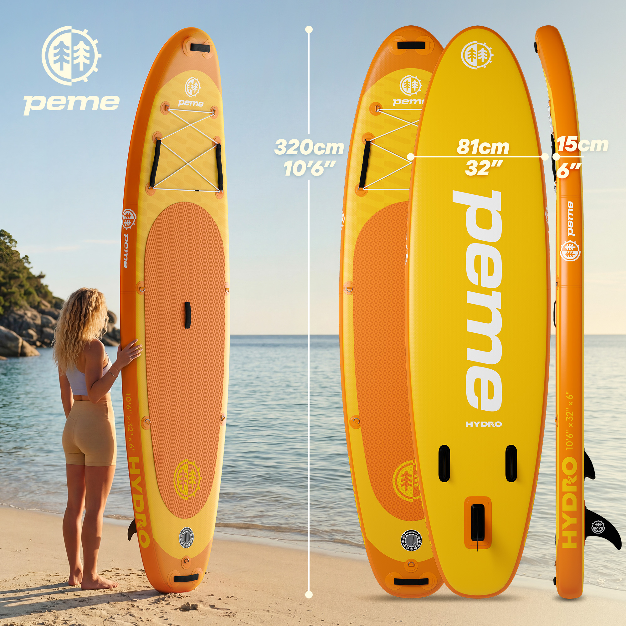 Eine Frau steht am Strand neben gelben und orangen SUP-Boards mit den Maßen 320x81x15cm.