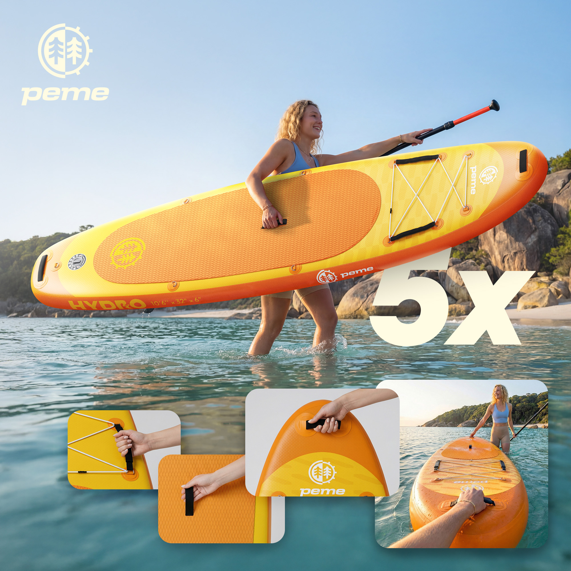 Frau mit Paddelboot auf dem Wasser, mit Nahaufnahmen von Griffen und Logo.