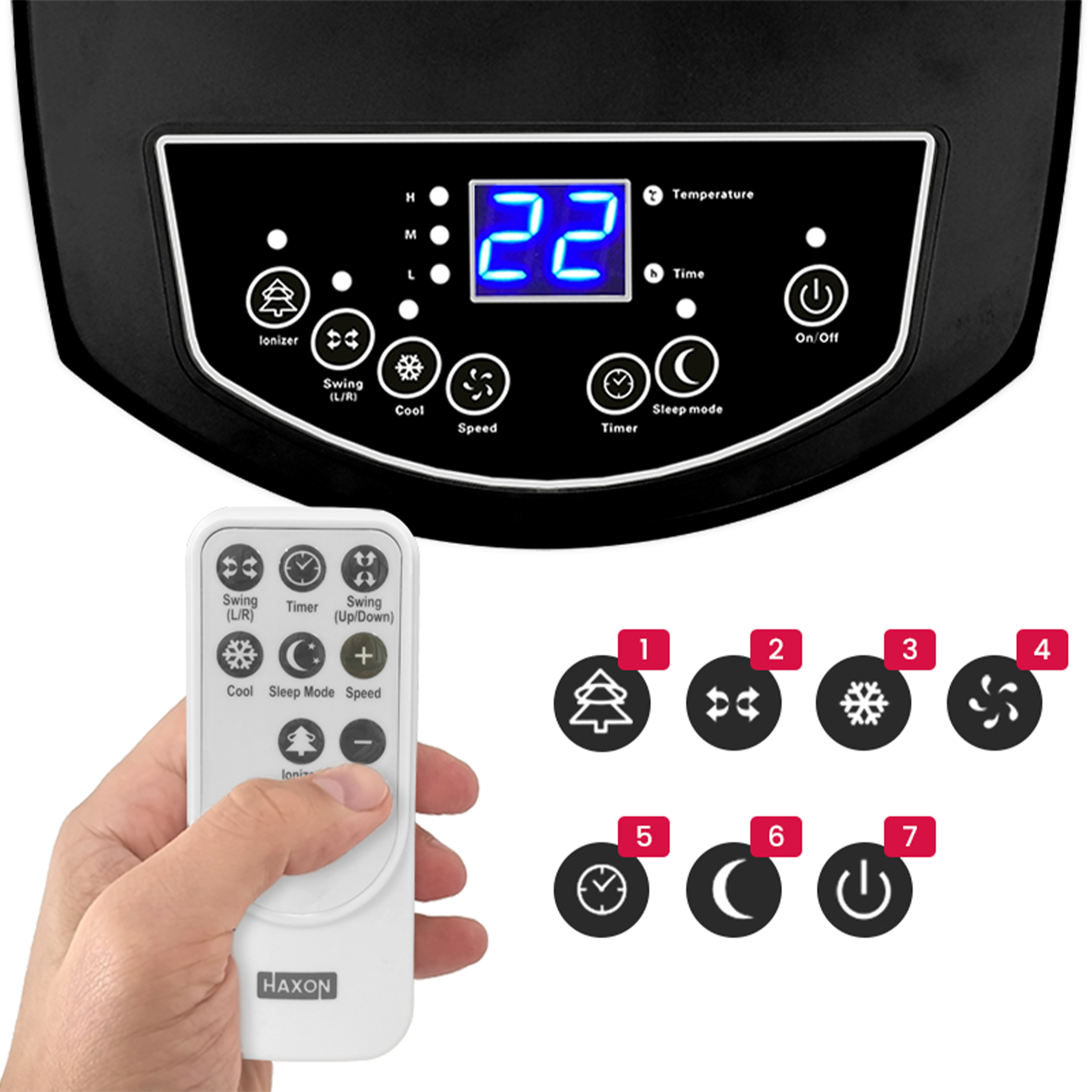 Panel sterowania i pilot klimatyzatora z wyświetlaczem temperatury.