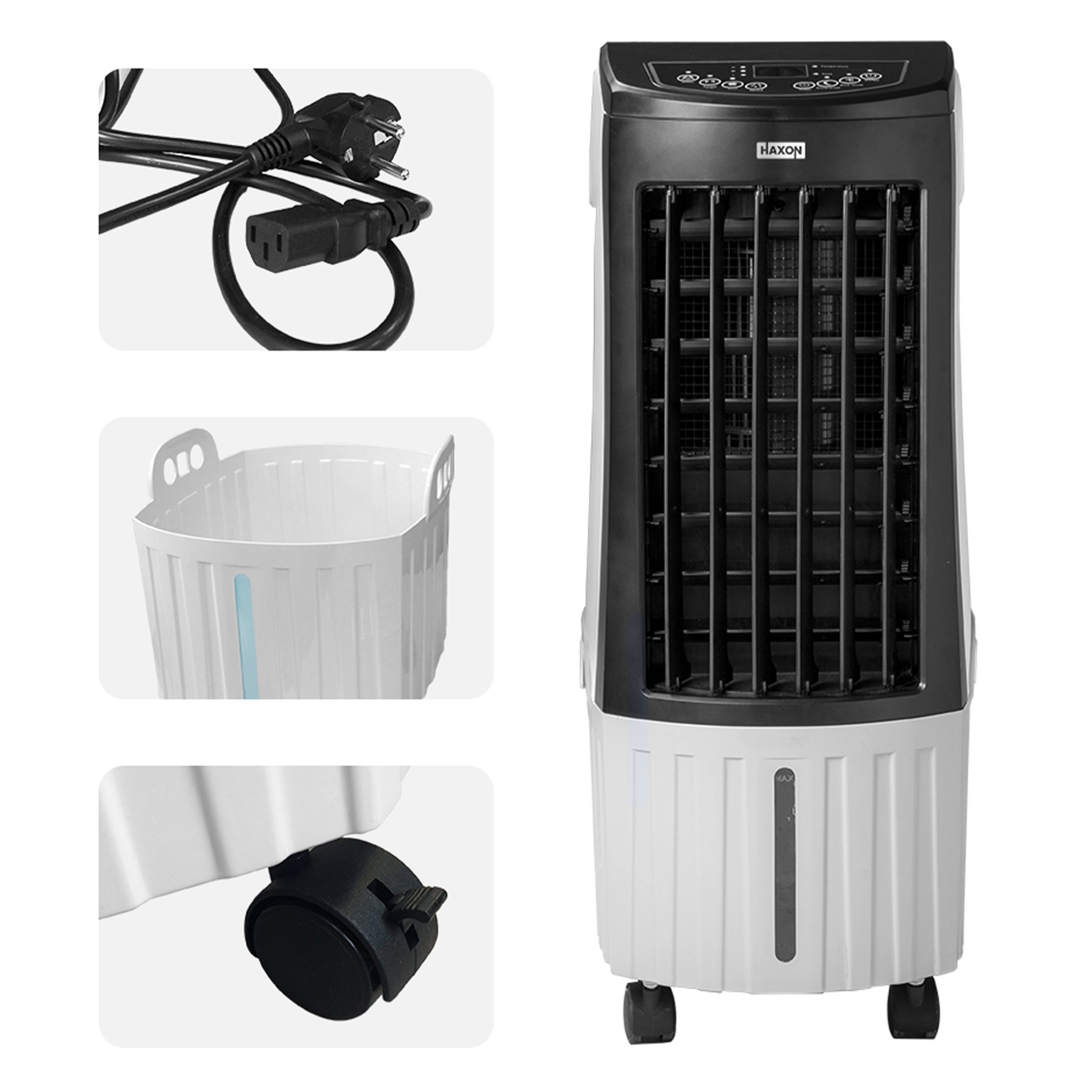 Biało-czarny klimatyzer z kółkami, przewodem zasilającym i zbiornikiem na wodę.