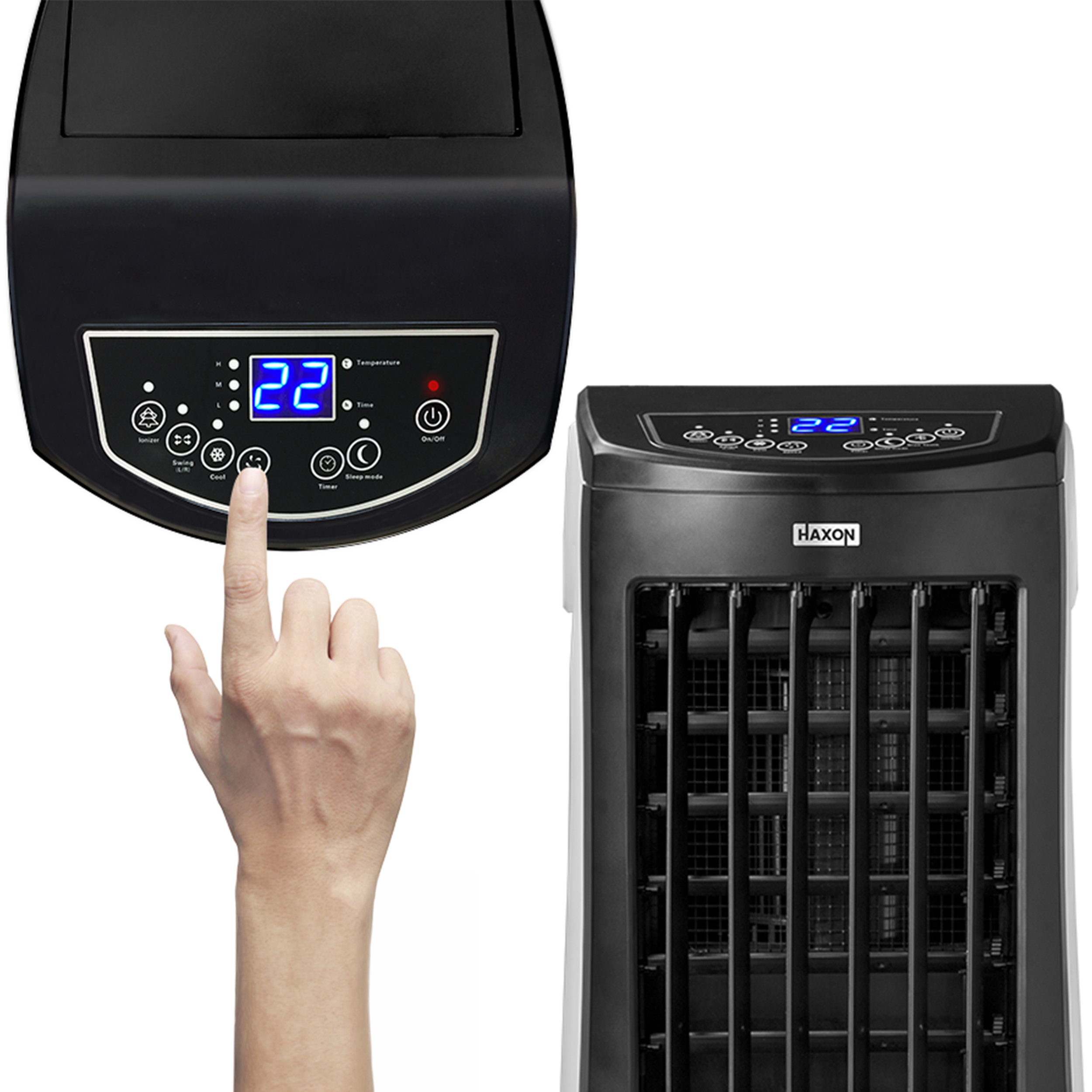 Palec naciska panel sterowania czarnego urządzenia z cyfrowym wyświetlaczem.