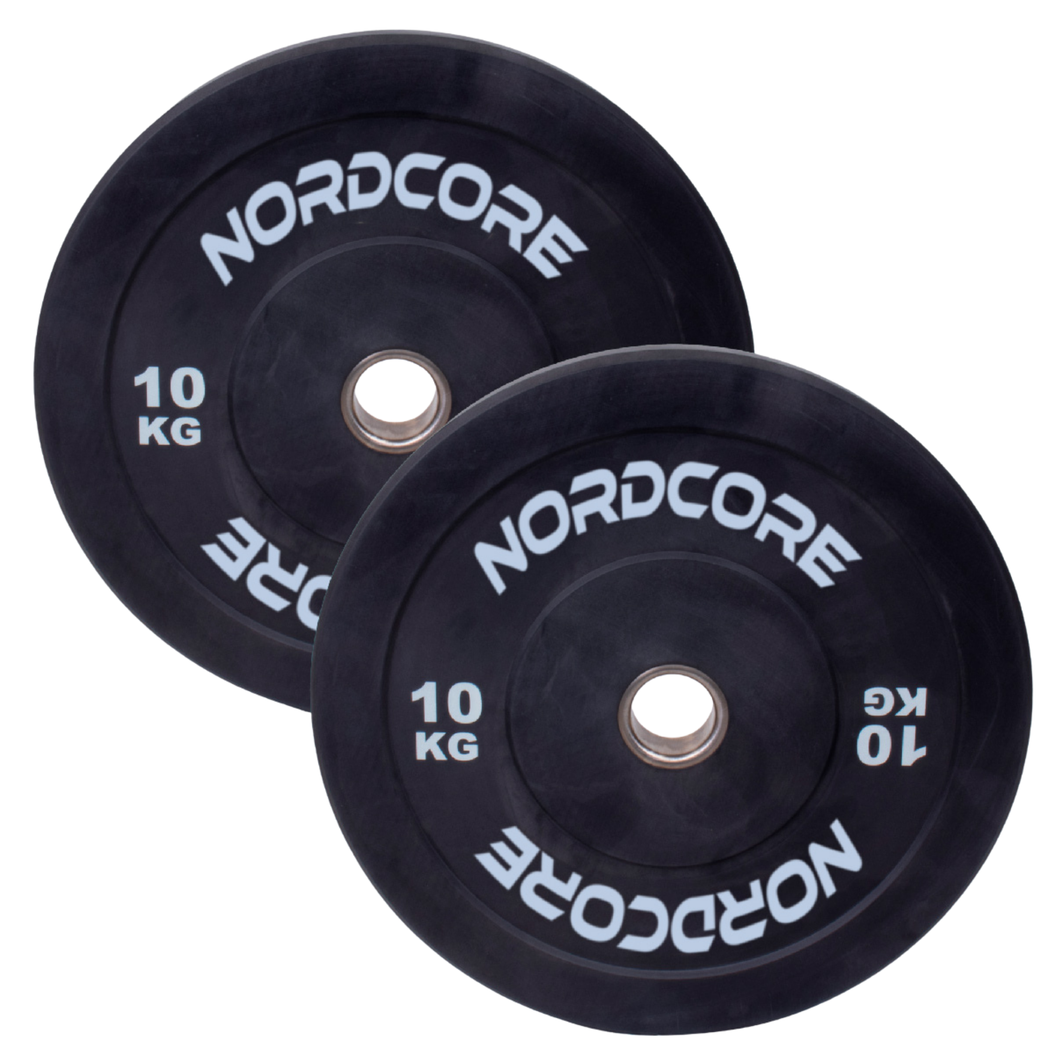 Dwie czarne talerze ważące 10 kg z logo NORDCORE na czarnym tle.