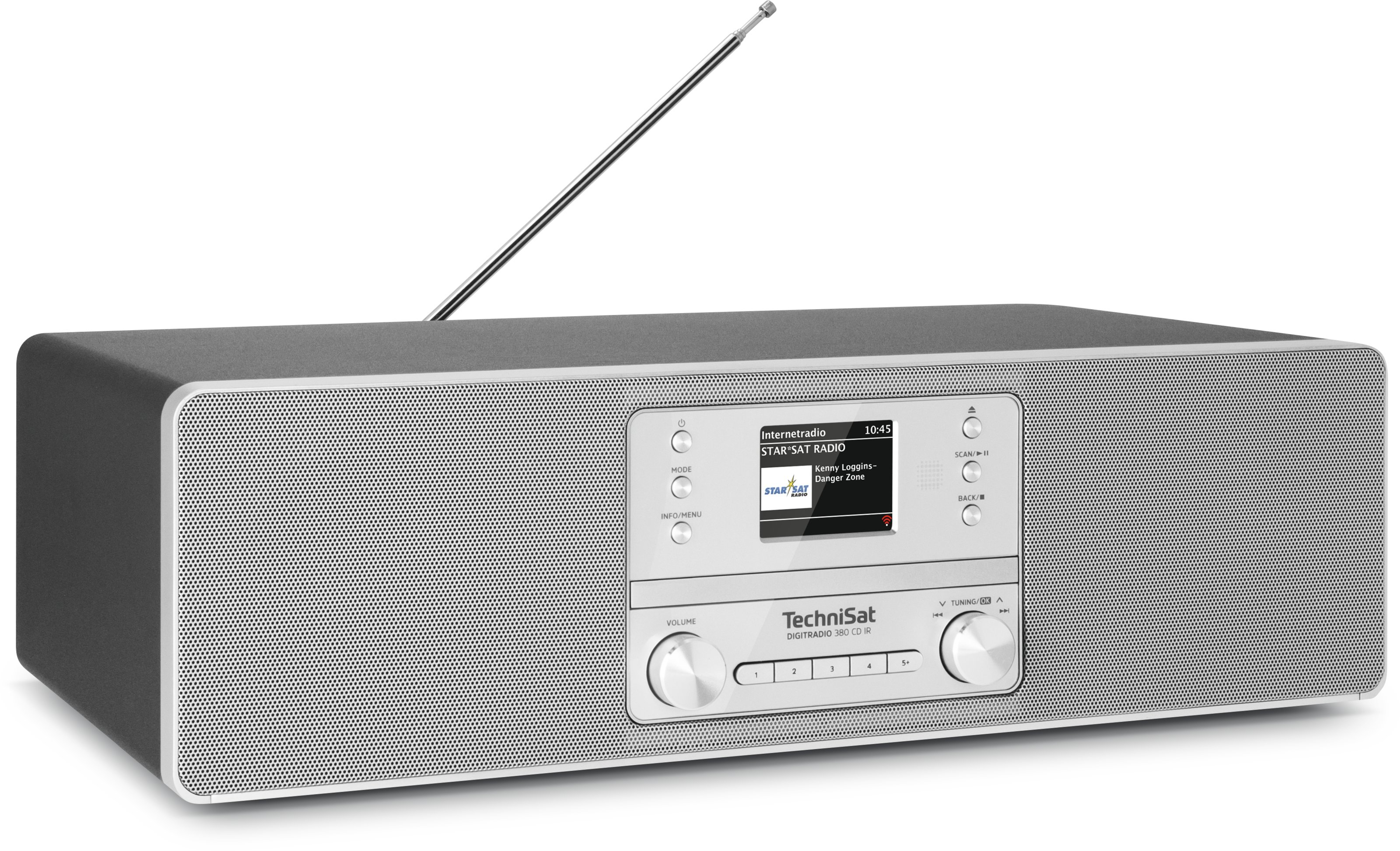 Een zilveren TechniSat digitale radio met uitgeschoven antenne en display.