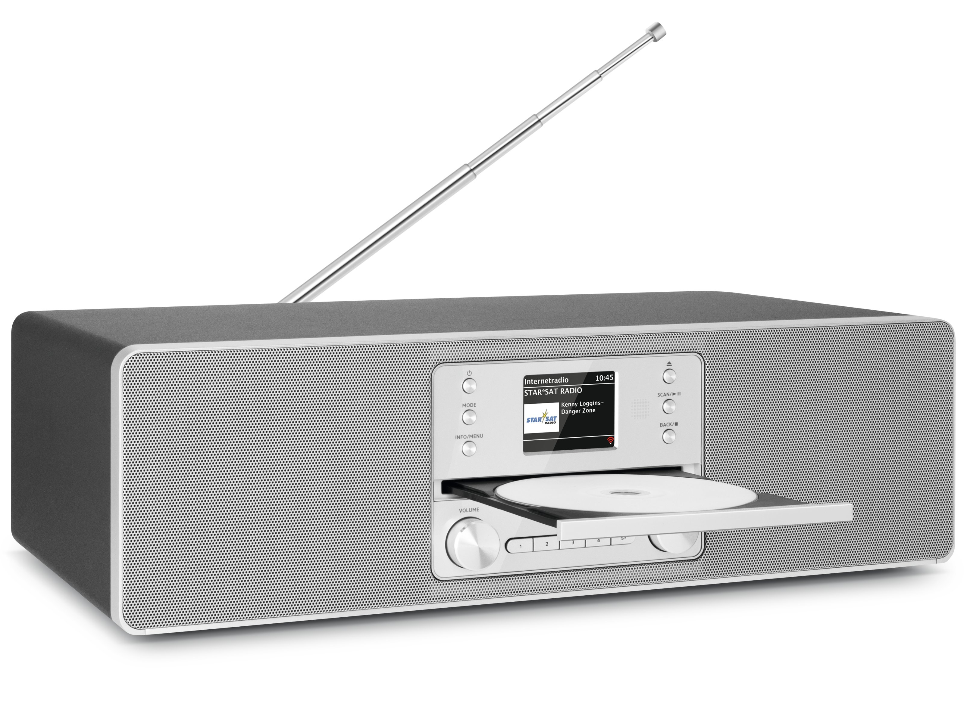Een moderne radio met cd-lade, uitschuifbare antenne en display.