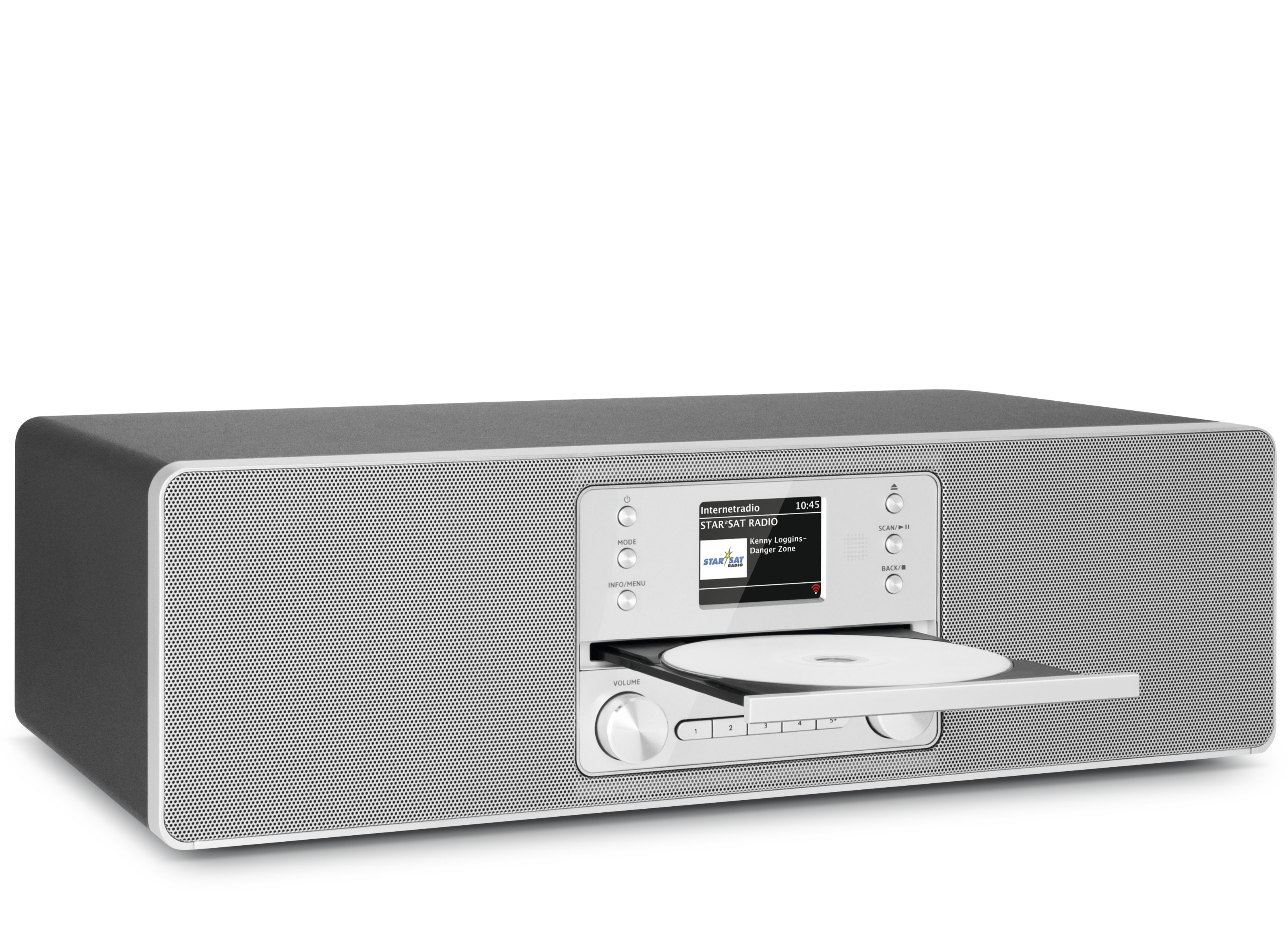 Een zilveren en grijze radio met een cd-lade met een cd.